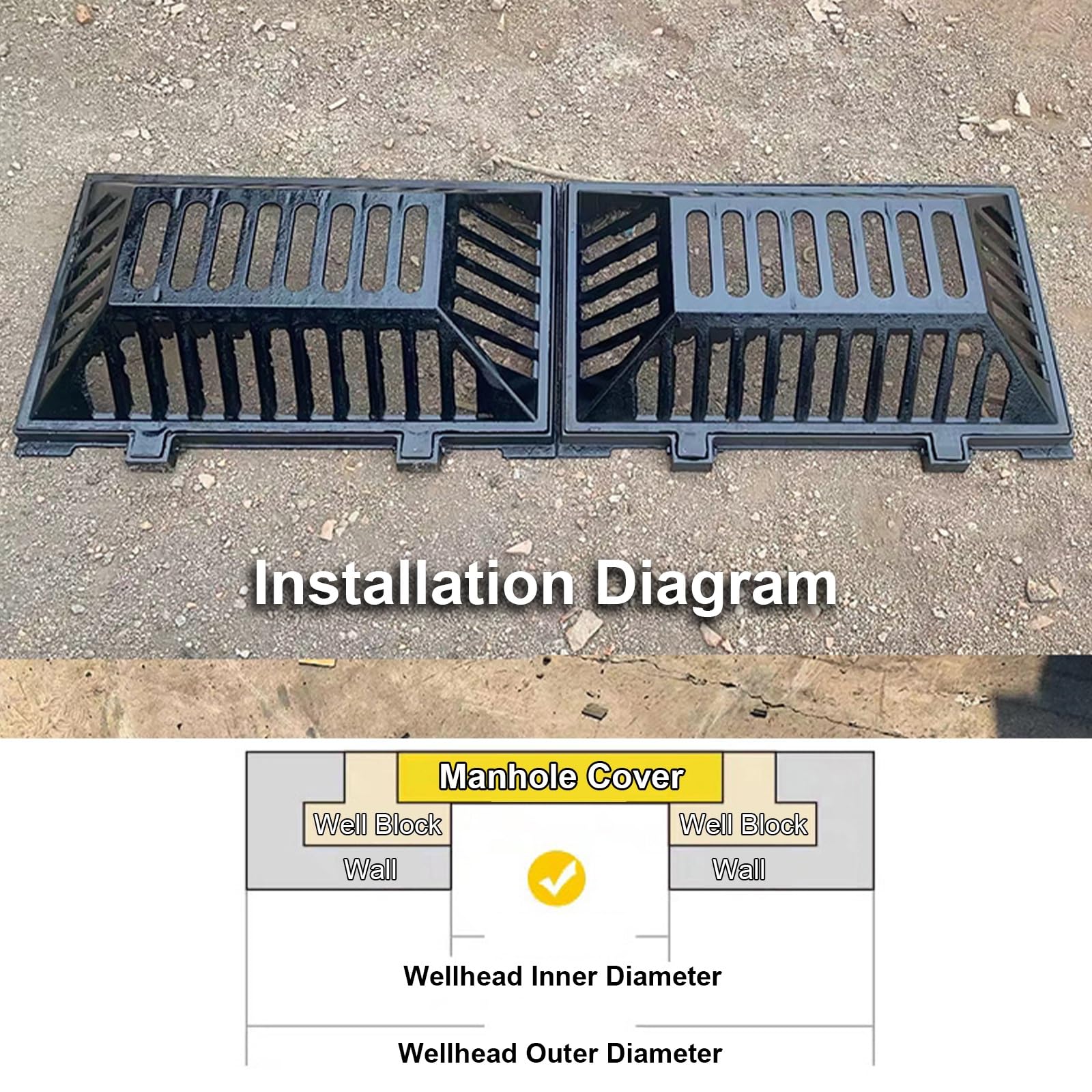 Chiusino Pozzetto in Ghisa Duttile, Coperchi Pozzetti Nera, Griglia Scolo Acqua Piovana per Cortile, Patio, Fognatura, Design Monoblocco(60 * 40 * 15cm/24 * 16 * 6in)