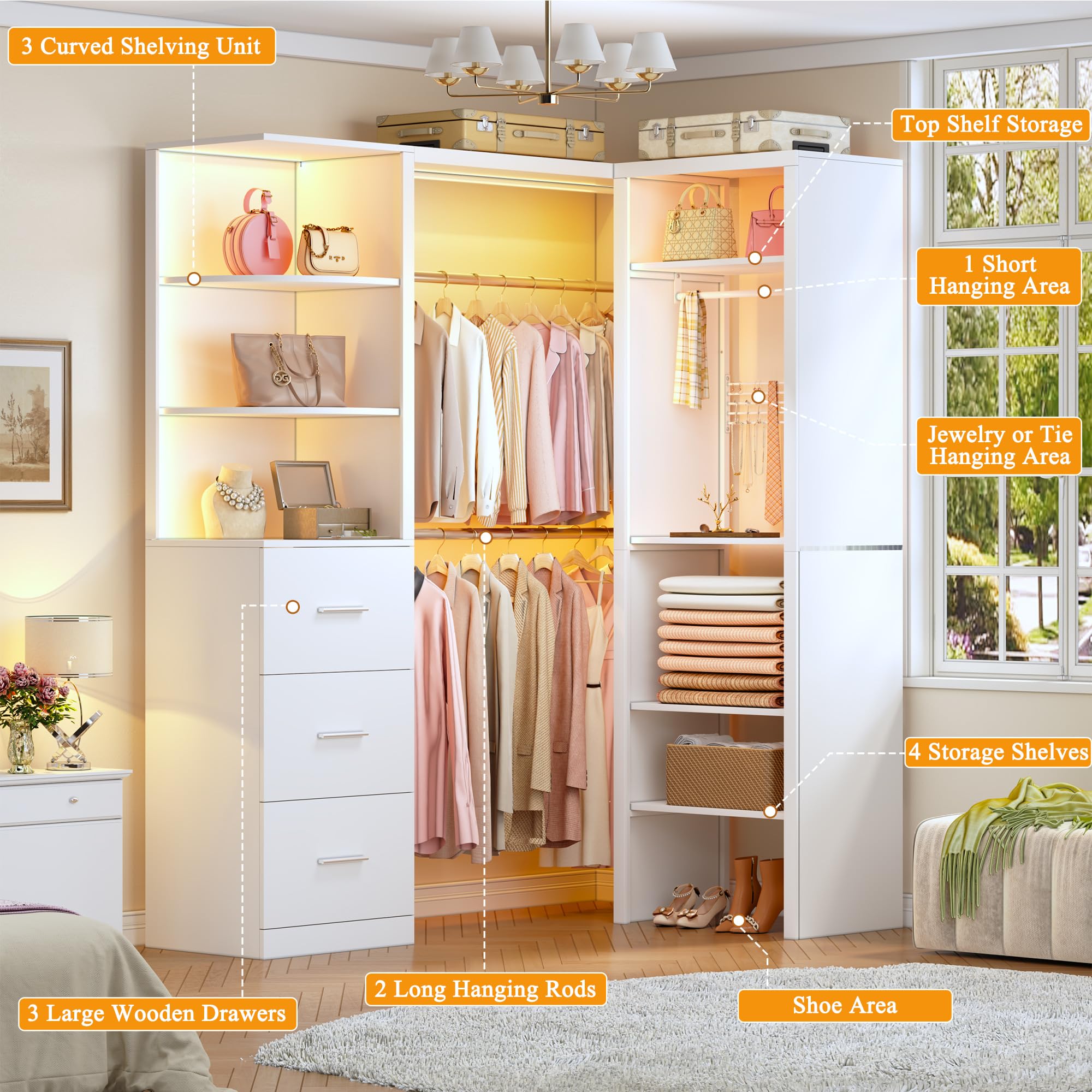Best Corner Closet System for 2026: Spec-First Picks 2 HUAHUU Large Corner Closet System with 3 Drawers and 6 Shelves, 77'' Reversible — product photo