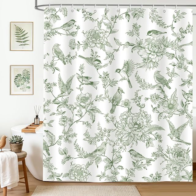 Farmhouse Vintage Long Shower Curtain Sage Green Floral Birds Shower Curtains for Bathroom Decor Bathtub Light Weight Washable Waterproof Fabric with 12 Hooks 72 X 72 Inch