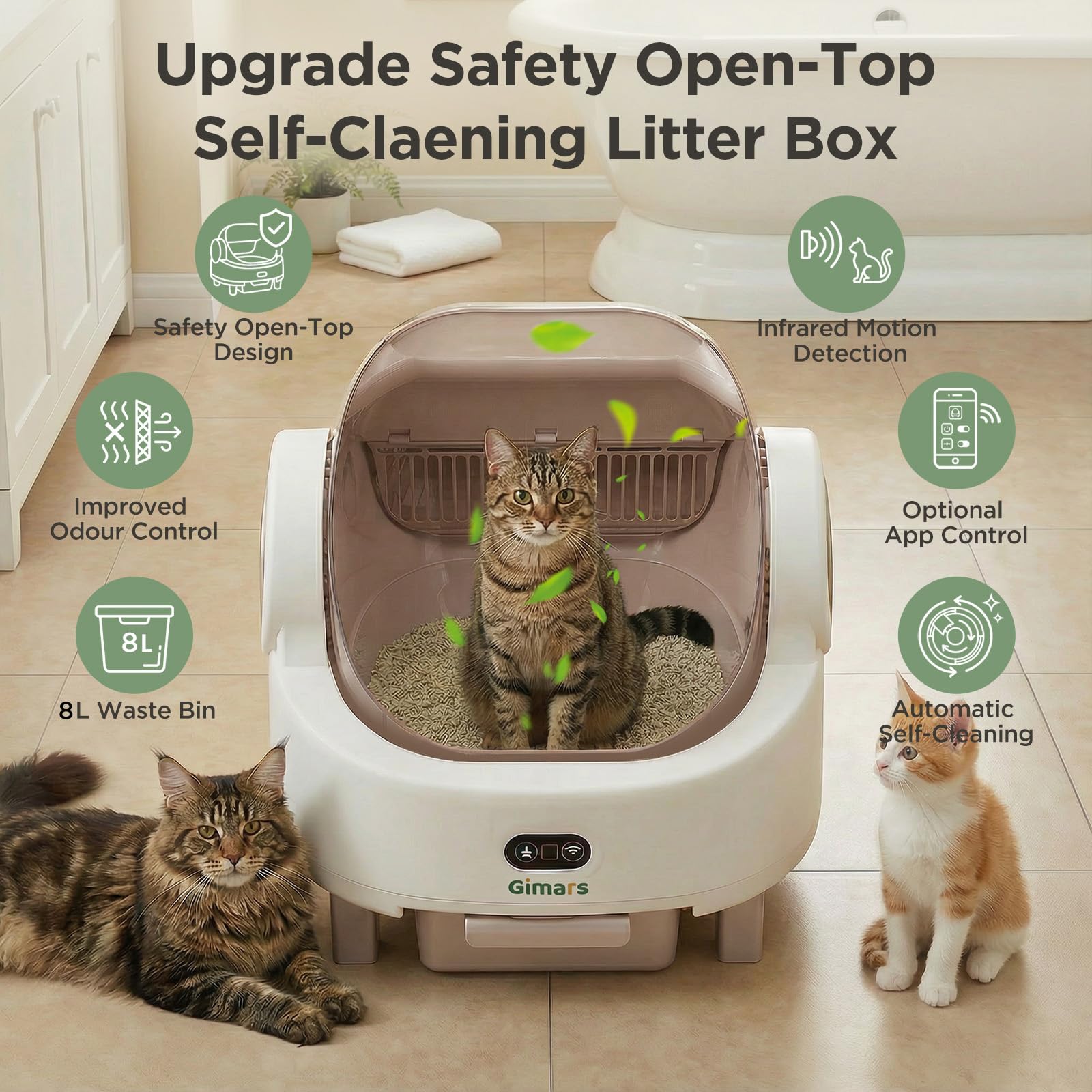 Gimars Caja de Arena autolimpiable con diseño de Parte Superior Abierta, Caja de Arena automática para Gatos múltiples y Gatos Mayores, Control de aplicación con sensores de Seguridad, bajo Olor