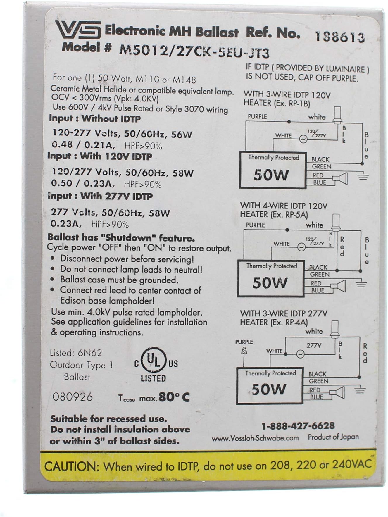 M5012/27CK-5EU-JT3 Electronic MH Metal Halide Ballast, M110, 50W, 120/277V