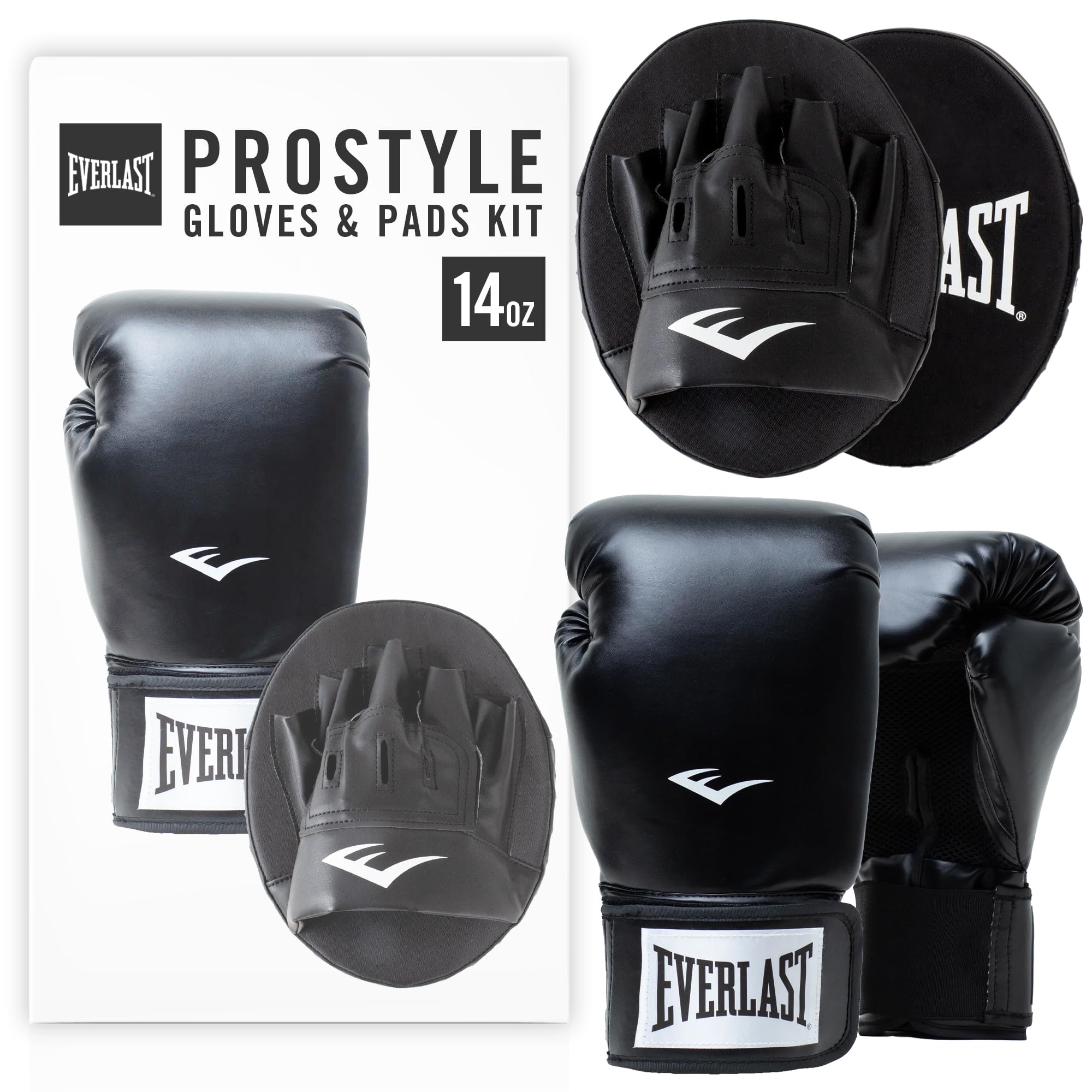Everlast Prostyle 2 14oz Boxing Gloves and Pads Kit, Black Boxing Gloves for Bags and Mitt Work, Foam-Padded Boxing Pads and Gloves - Authentic Everlast Gear