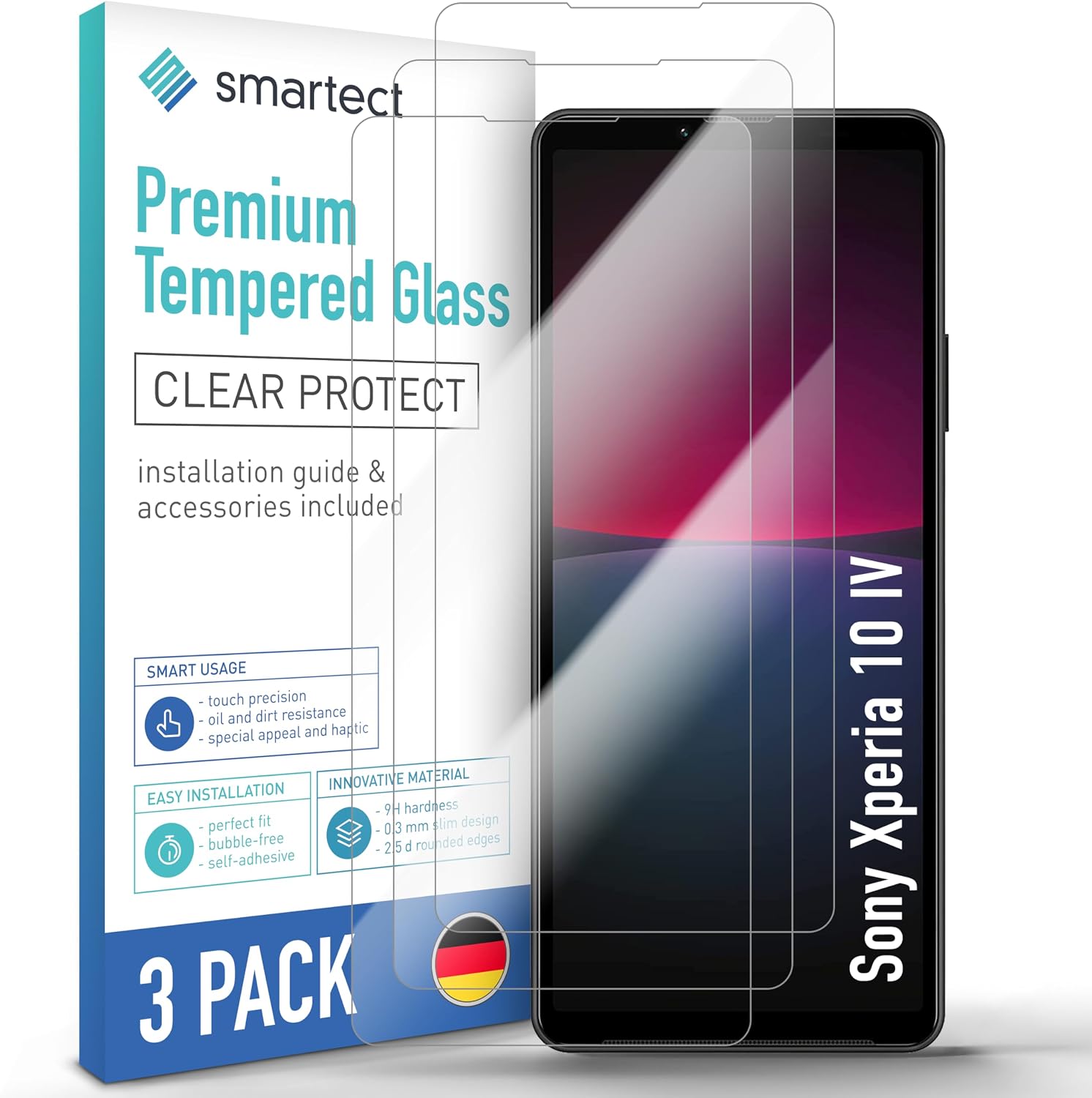 smartect Pack of 3 Protective Glass for Sony Xperia 10 IV HD Tempered Glass Screen Protector Anti-Scratch Screen Protector 0.3 mm Ultra Clear 9H Hardness Shockproof Bubble-Free