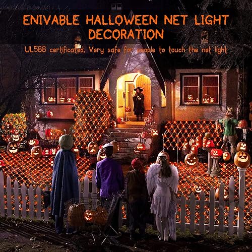 Miniatura 5 de JMEXSUSS Guirnalda de luces LED naranja de Halloween y luces de red para exteriores, cable transparente, 8 modos, impermeable, guirnalda de luces de