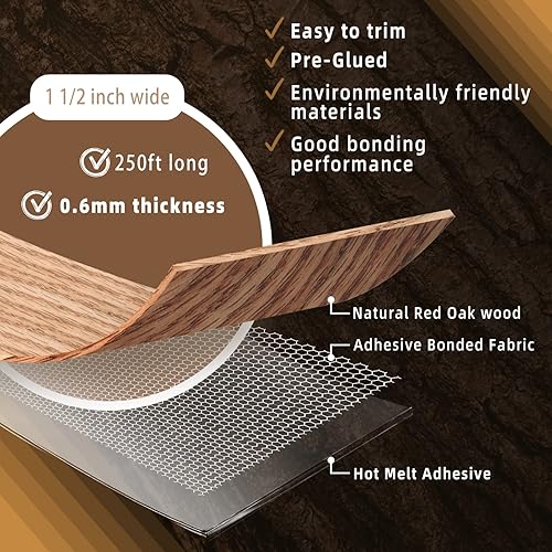 Miniatura 434 de GSCIT Club Bandas de borde de roble, rollo de 1 pulgada x 10 pies de bandas de borde de chapa - Cinta de madera real flexible previamente pegada