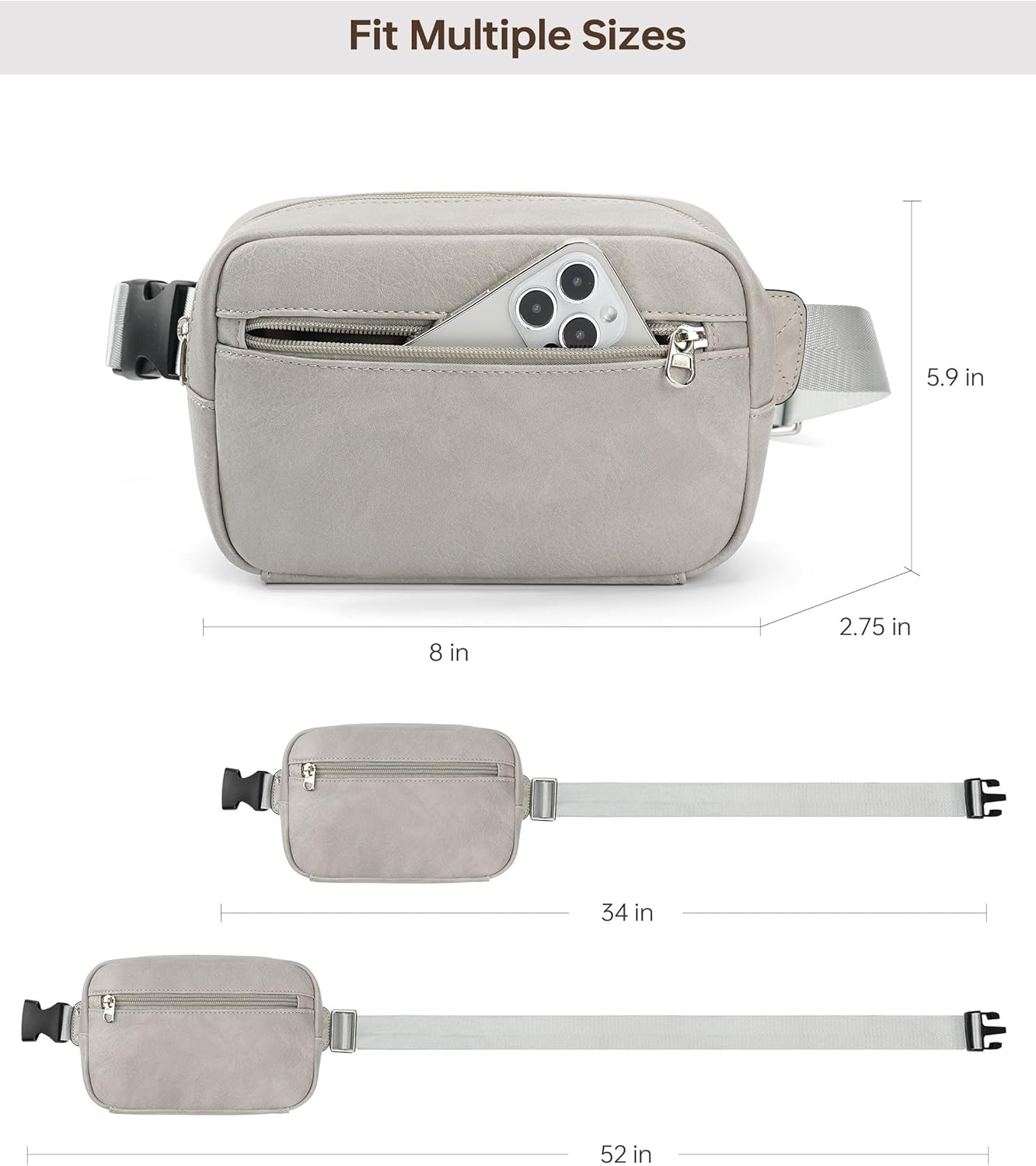 Vegan Leather Men's Women's Outdoor Sports Waist Bag Fanny Packs with Adjustable Strap for Travel, Hiking, Climbing, Jogging, Hiking - Light Grey