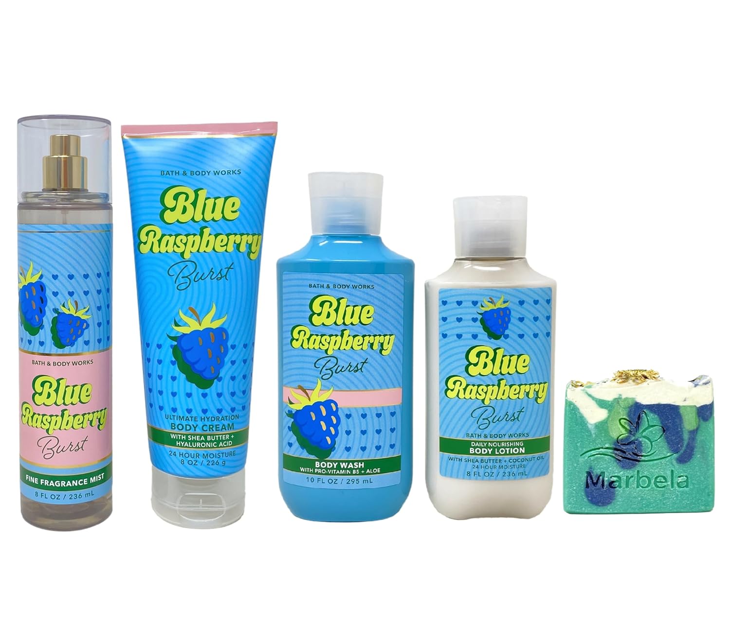 Bath & Body Works Blue Raspberry Burst Deluxe Gift Set - Fragrance Mist, Body Cream, Body Wash and Body Lotion - with an Aloe Vera Bar Soap - Full Size