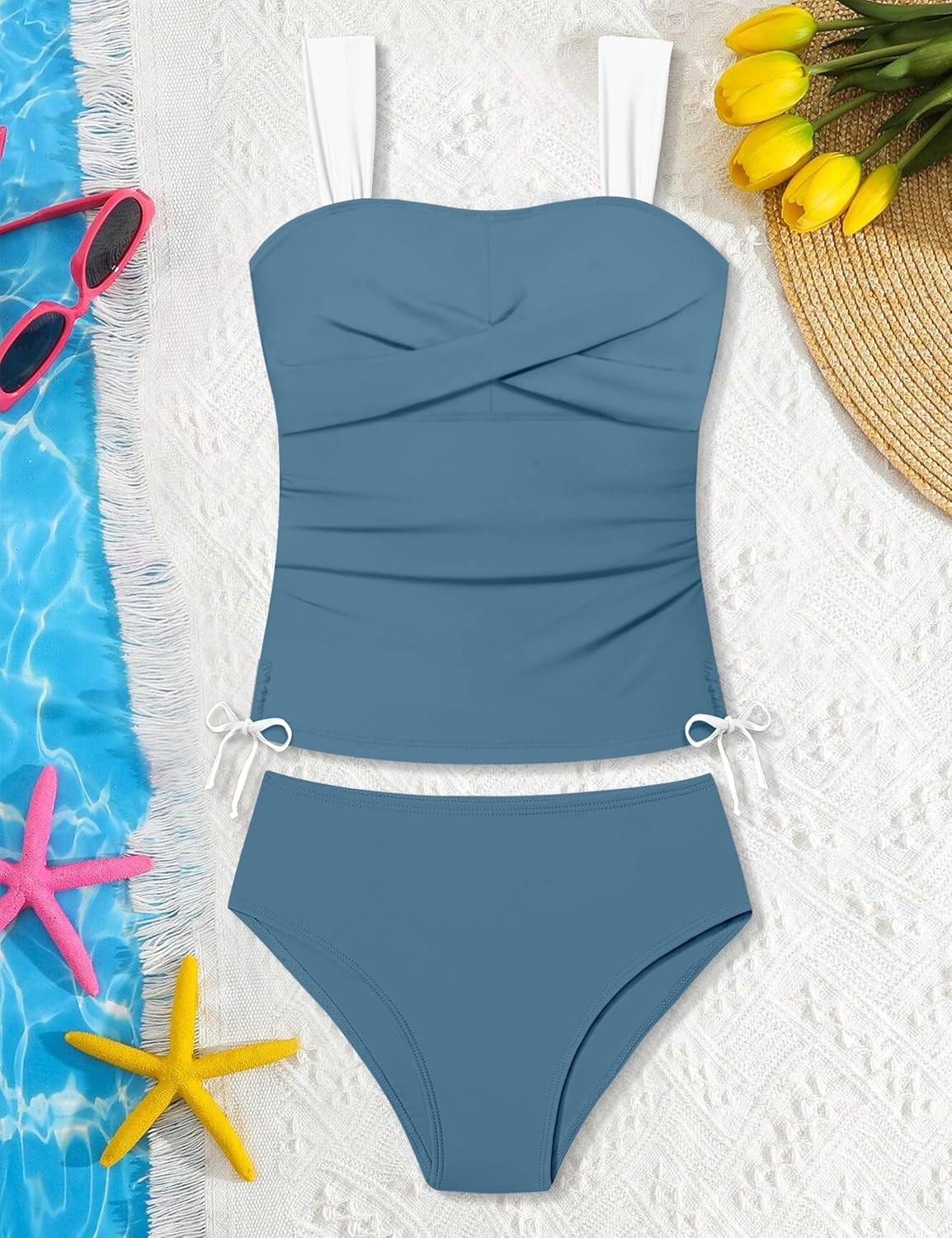 NECIOUS Girls Swimsuits 2 Piece Criss Cross Bathing Suit Drawstring Wide Straps Tankini Sets for 9-16 Years - Image 6