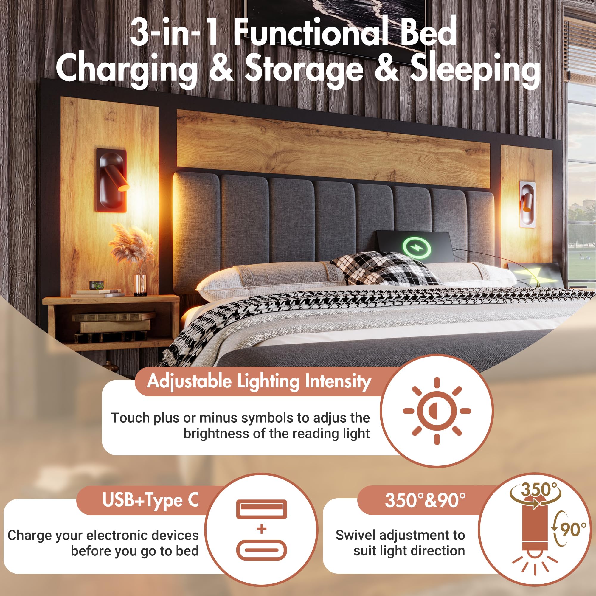 LINKHOO lit Double rembourré, avec Lampe de Lecture et Table de Chevet USB C et Banc,avec Espace de Rangement, Cadre de lit avec sommier à Lattes en métal, Bois et Lin, sans Matelas 180×200 cm, chêne