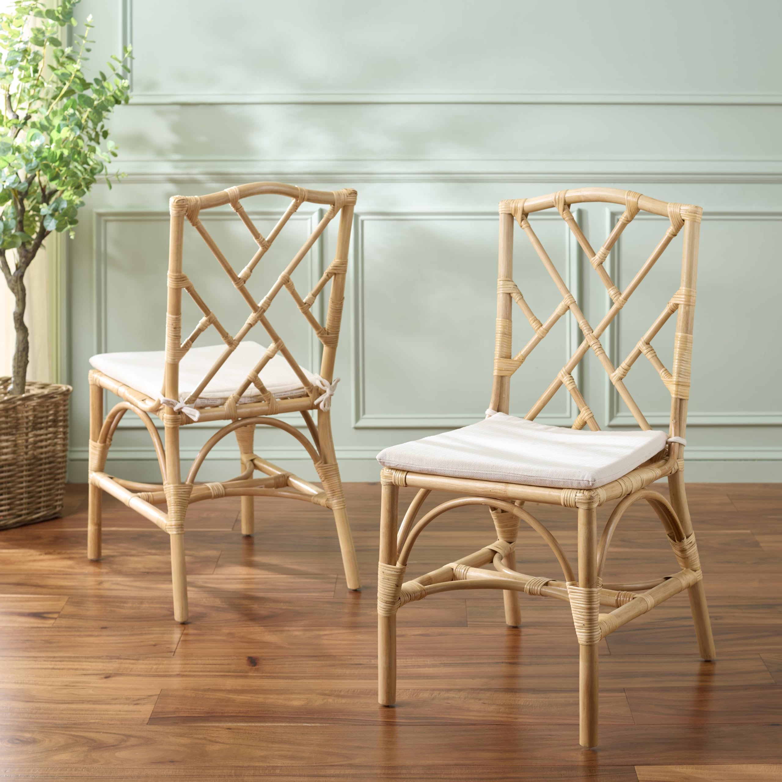 Beachcrest Home Chadale Rattan Dining Chair Set of 2, Natural & Cream Upholstered Seat, Coastal Boho Accent Chairs, Fully Assembled (SEA8037A)