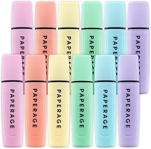 PAPERAGE Clear View - Resaltadores de colores pastel surtidos, juego de resaltadores de doble extremo, punta ancha y fina, 12 unidades