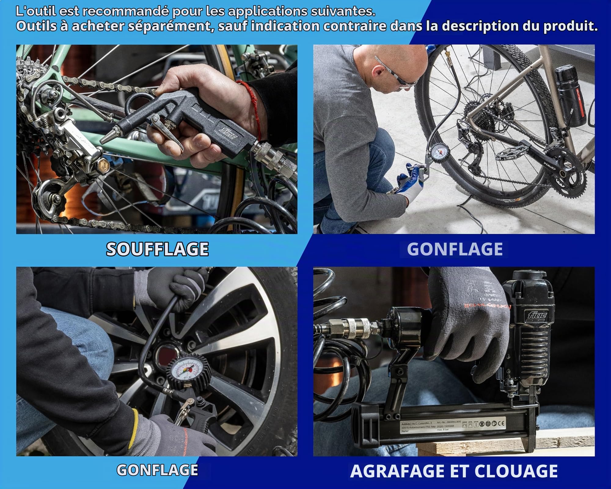 FIAC Pit-Stop Compresseur d'Air Portable, Compresseur d'Air Sans Huile avec Tuyau Flexible, Pistolet de Gonflage avec Manomètre et 6 Buses, Pression Max. 8 Bar, Puissance 1.5 CV