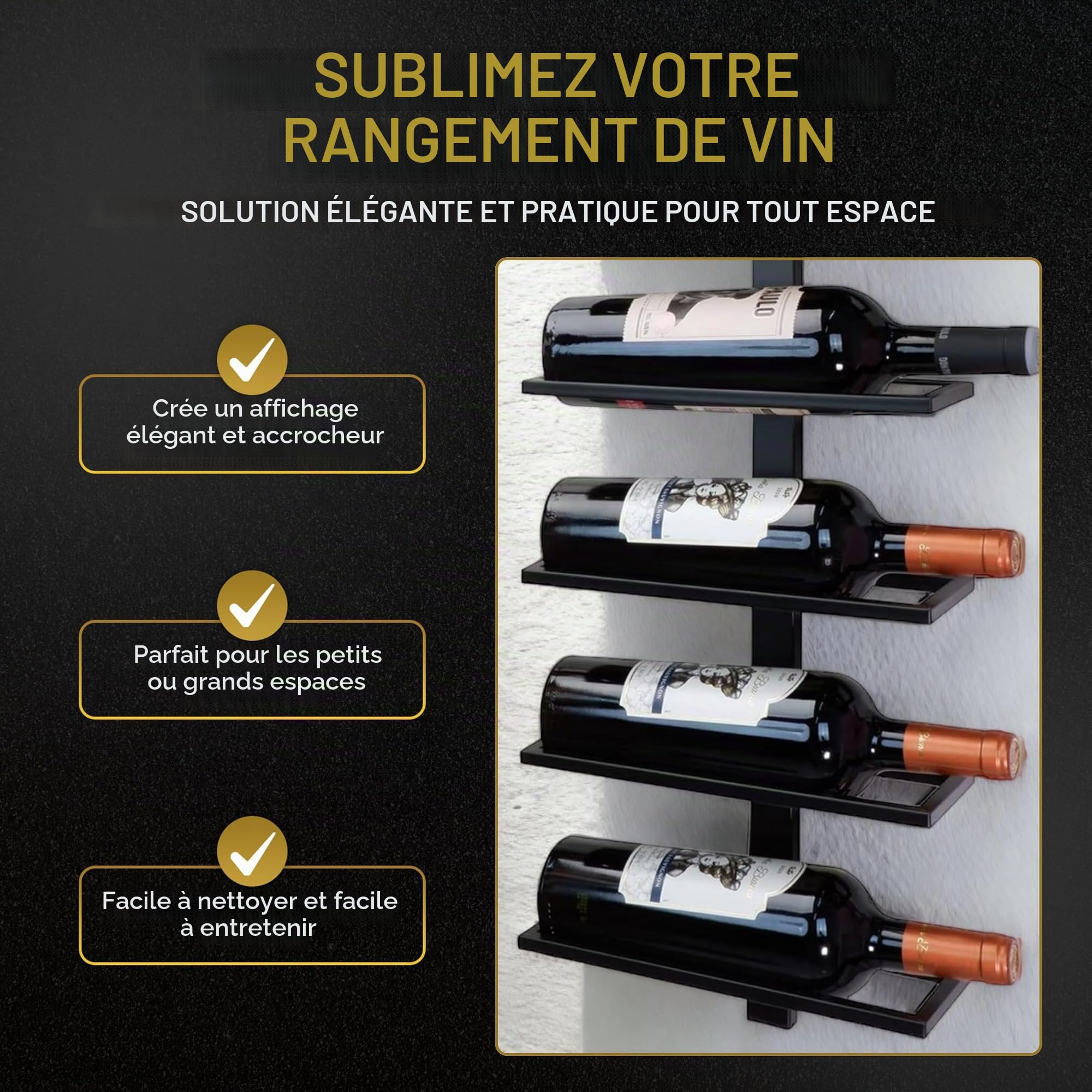 Porte-Bouteilles Mural pour 4 Bouteilles – Casier à Vin en Acier Noir Mat – Design Industriel – Gain de Place & Décoratif