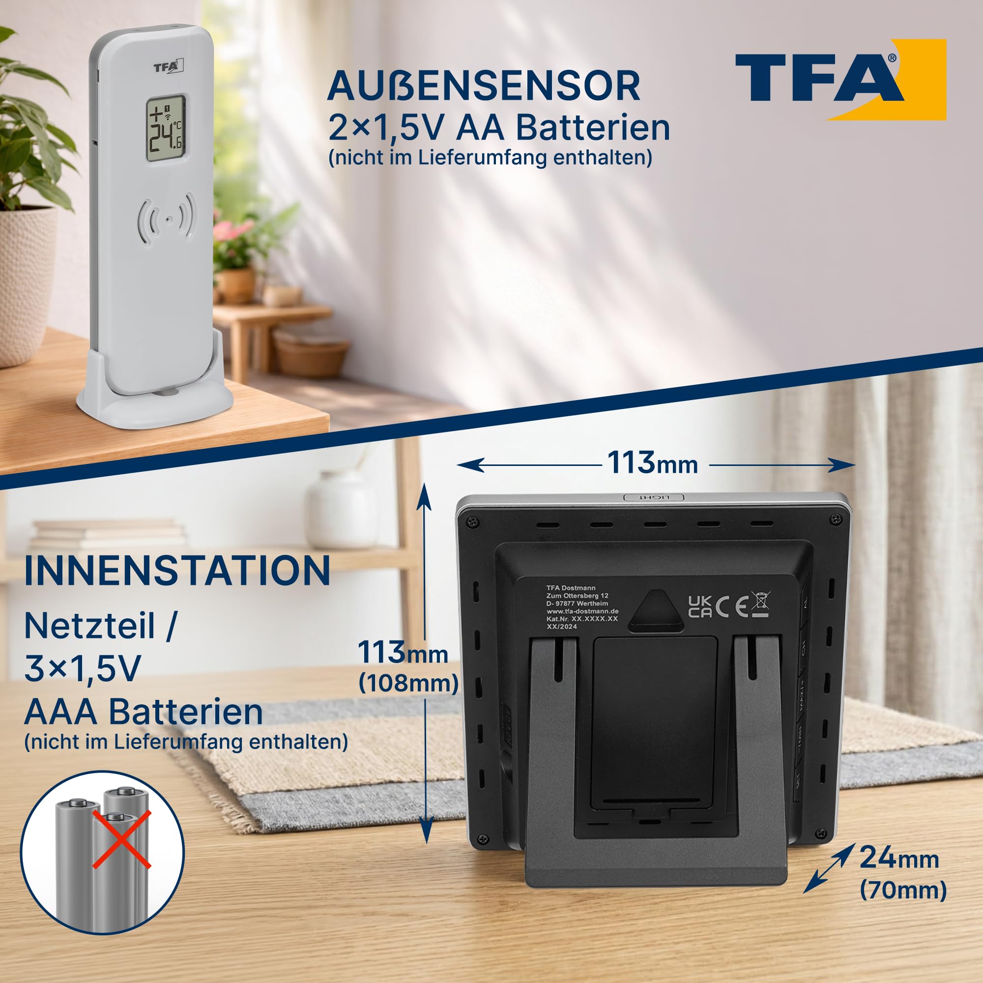 TFA Dostmann Wetterstation Funk mit Außensensor SUN2 digital, 35.1174, für Innen und Außentemperatur, großes Farbdisplay, mit Wohnklima, inkl Funkuhr mit Datum, Hygrometer, mit Netzadapter, schwarz