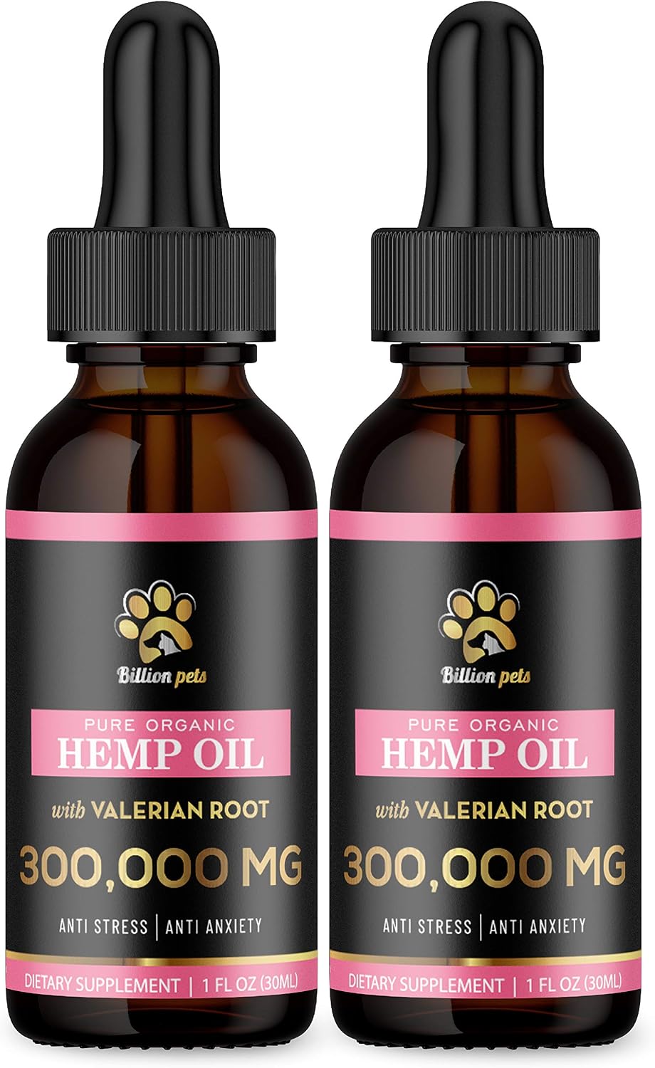 Billion Pets 300,000mg - Hemp Oil for Dogs and Cats - Stress and Anxiety Relief - Organic Calming Drops - Pain and Inflammation (2 Pack)