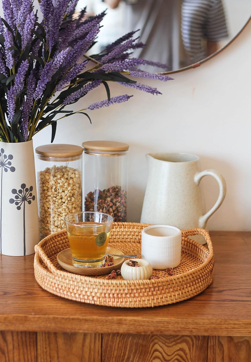 ANKUR Handmade Round Rattan- Serving Tray-Decorative Woven Ottoman-Trays with Handles for Coffee Table Natural Basket Wave Tray (L- 13.7 Inch & M-11.8 Inch)