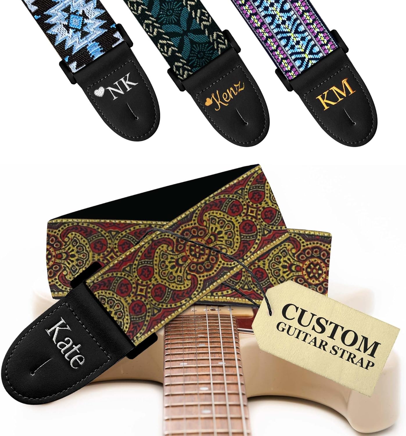 Art Tribute Personalized Guitar Strap - Add Name or Initials For Acoustic, Electric & Bass Guitars