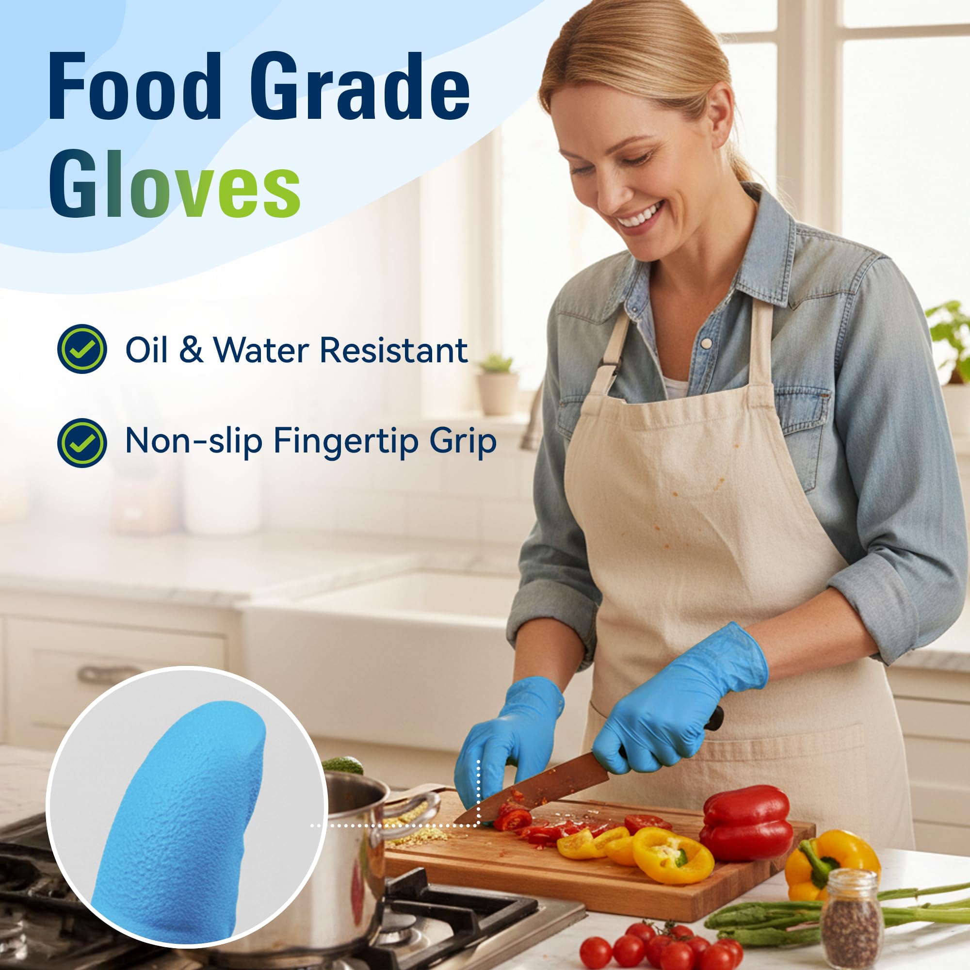 SWIFTLITE Guantes de nitrilo, guantes desechables de grado alimenticio, sin látex, guantes de goma azul sin polvo para preparación de alimentos, cocina, limpieza de cocina (L, 100)