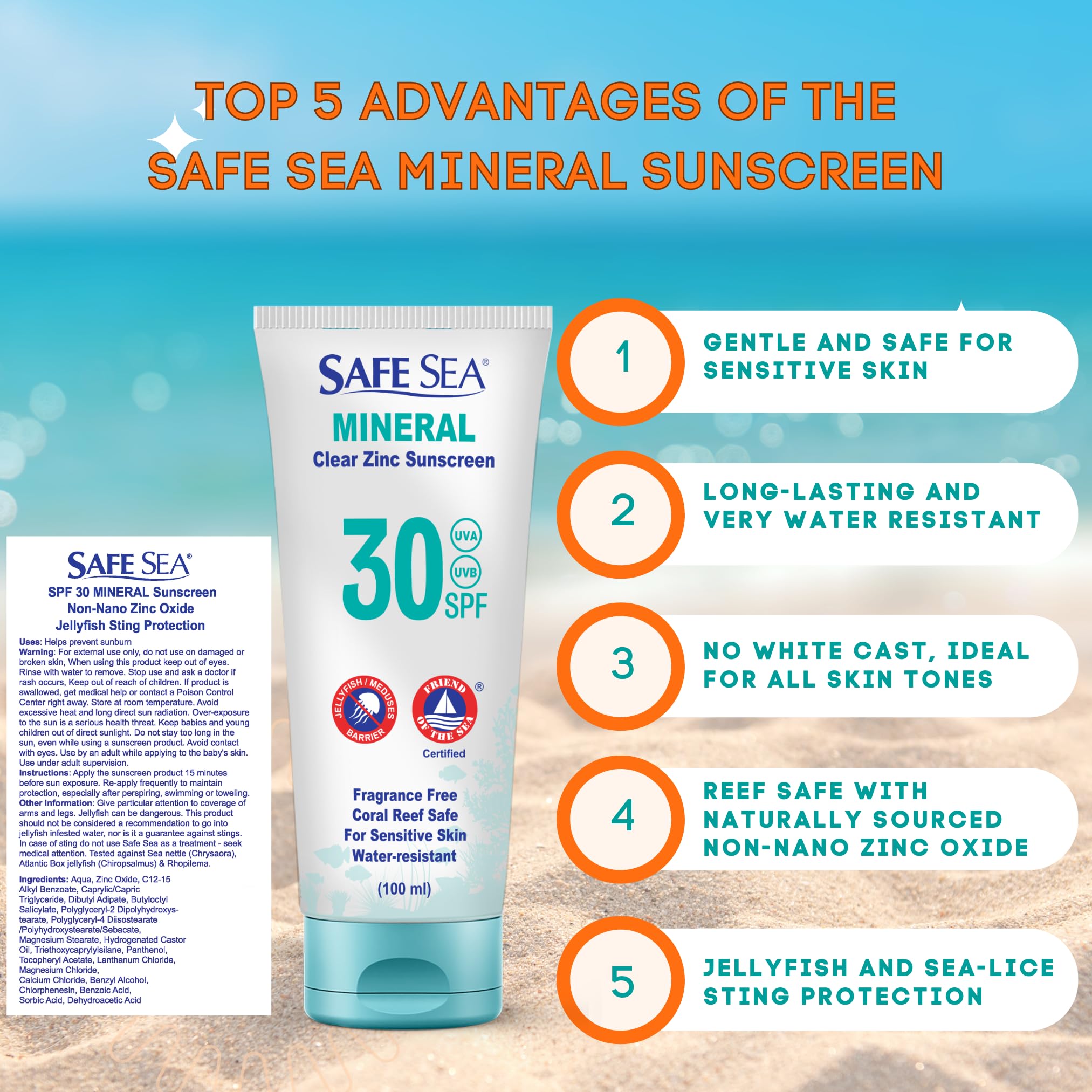 Safe Sea Protection solaire à l'oxyde de zinc SPF30 | Protection solaire minérale transparente sans fonte | Lotion protectrice anti-méduses | Anti-récifs coralliens | Format voyage - 100 ml (lot de 2)