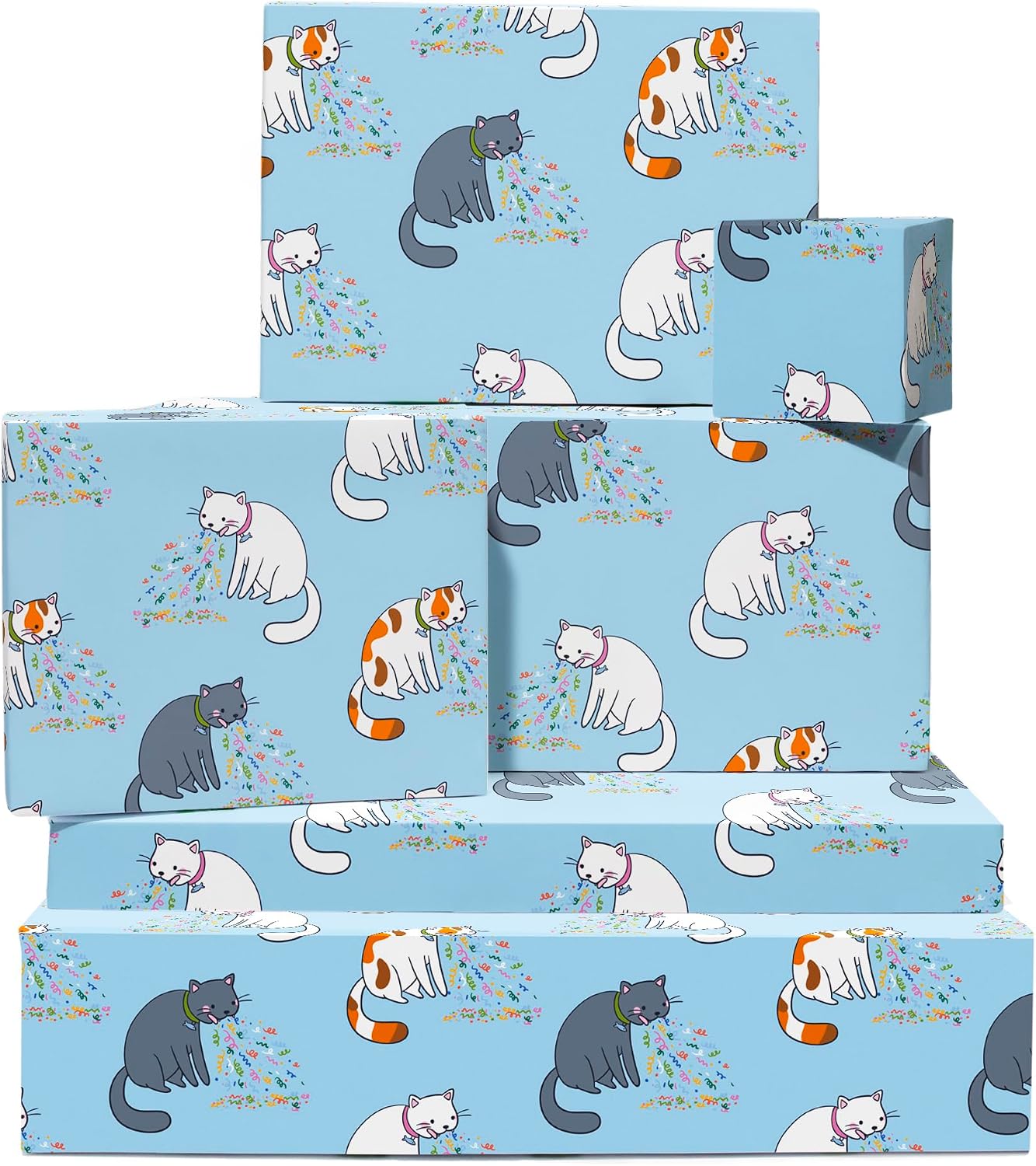 Cat Wrapping Paper - 6 Sheets Giftwrap - Funny Cats Throwing Up - Cat Themed Gifts For Girls Boys Men Women - Blue Wrapping Paper For Birthday Christmas Anniversary Baby Shower - Comes With Tags