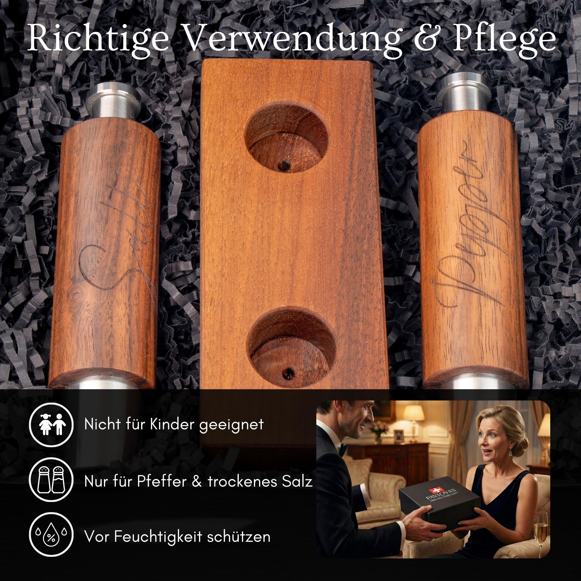 PAVLOVA’S Schweizer Pfeffer- und Salzmühlen Set aus Walnussholz – Einhand-Mühlen mit Keramikmahlwerk – Natürlich geölt – Nachfüllbar – Ablage & Geschenkbox – 10 Jahre Garantie – Limitierte Edition