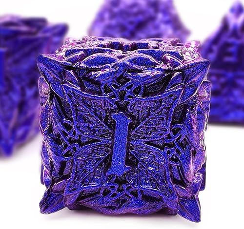 HAOMEJA Juego de dados de hoja de vid de metal para DND, 7 dados sólidos poliédricos D&D para juegos de rol y mazmorras y dragones (azul morado)
