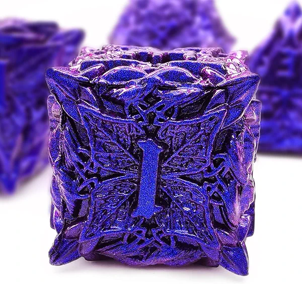 HAOMEJA Metal Vine Leaf Dice Set for DND - 7 Polyhedral D&D Solid Dice for Role Playing and Dungeons and Dragons (Blue Purple)