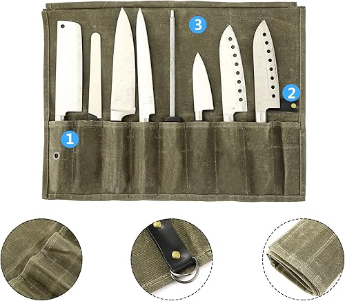 Miniatura 3 de Bolsa enrollable para cuchillos de chef, 9 bolsillos, funda de lona para cuchillos, cartera para cuchillos, protectores para cuchillos de chef,