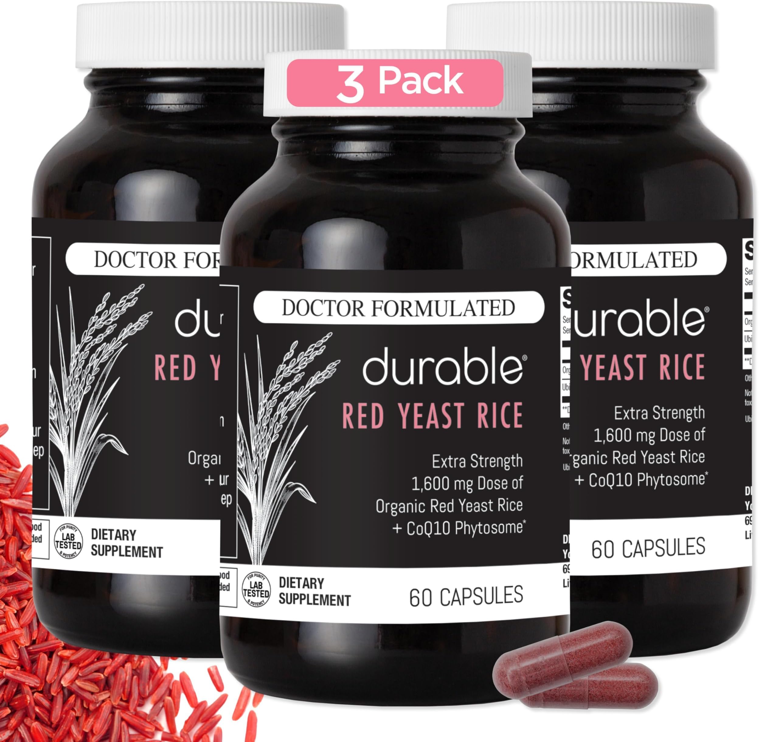 Durable RED Yeast Rice โ Organic 1,600 mg Extra Strength + CoQ10 Phytosome โ Supports Healthy Cholesterol, Heart, Lipids & Circulation โ Doctor Formulated, Non-GMO, Vegan, Made in USA (180 Capsules)