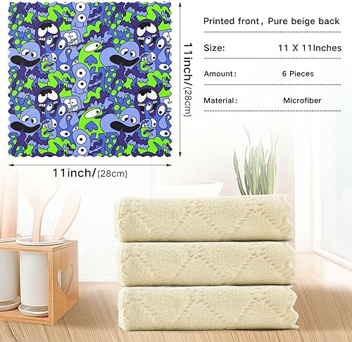 Miniatura 4 de linqin Purple Green Doodle Monsters Aliens Soft Decor Kitchen Towels and Dishcloths Sets Quick Dry 6 Pack Microfiber Drying Towels for Car