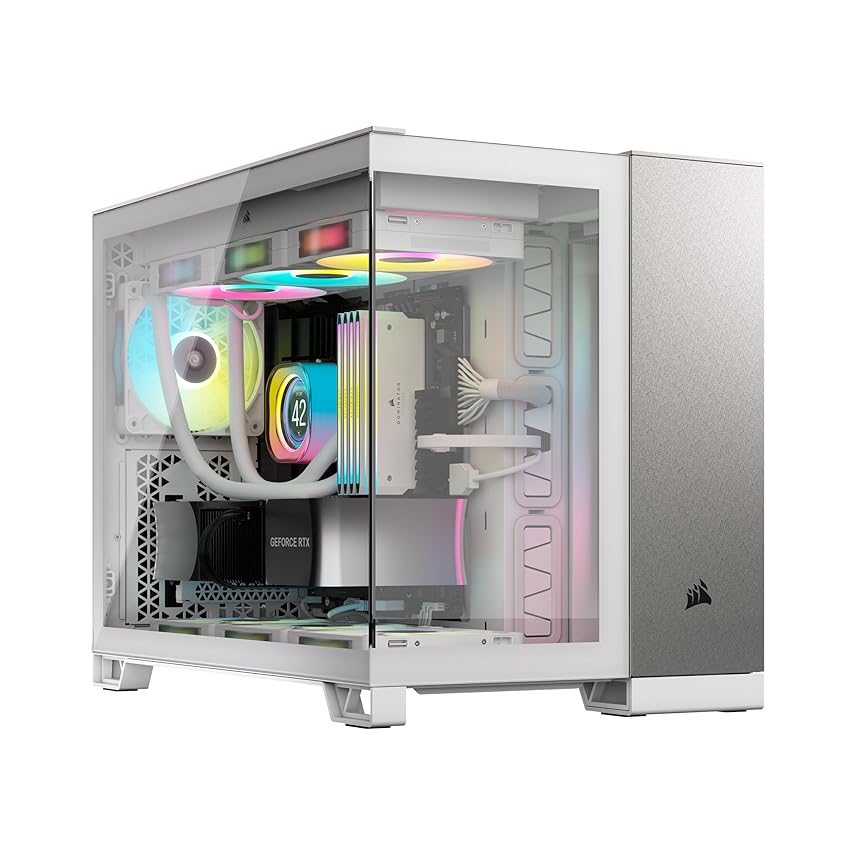 CORSAIR 2500X Small-Tower mATX Case per PC Doppia Camera - Vetro Temperato Panoramico - Compatibile con Scheda Madre a Connessione Inversa - Nessuna Ventola Inclusa - Bianco/Alluminio Grigio Satinato