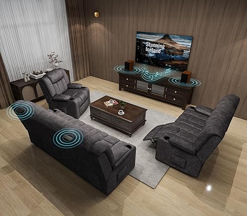 Miniatura 18 de COMHOMA Juego de Sillas Reclinables Manuales, Sofá Reclinable de Tela con Soportes para Vasos, Silla Reclinable Tapizada con Bolsillos Laterales