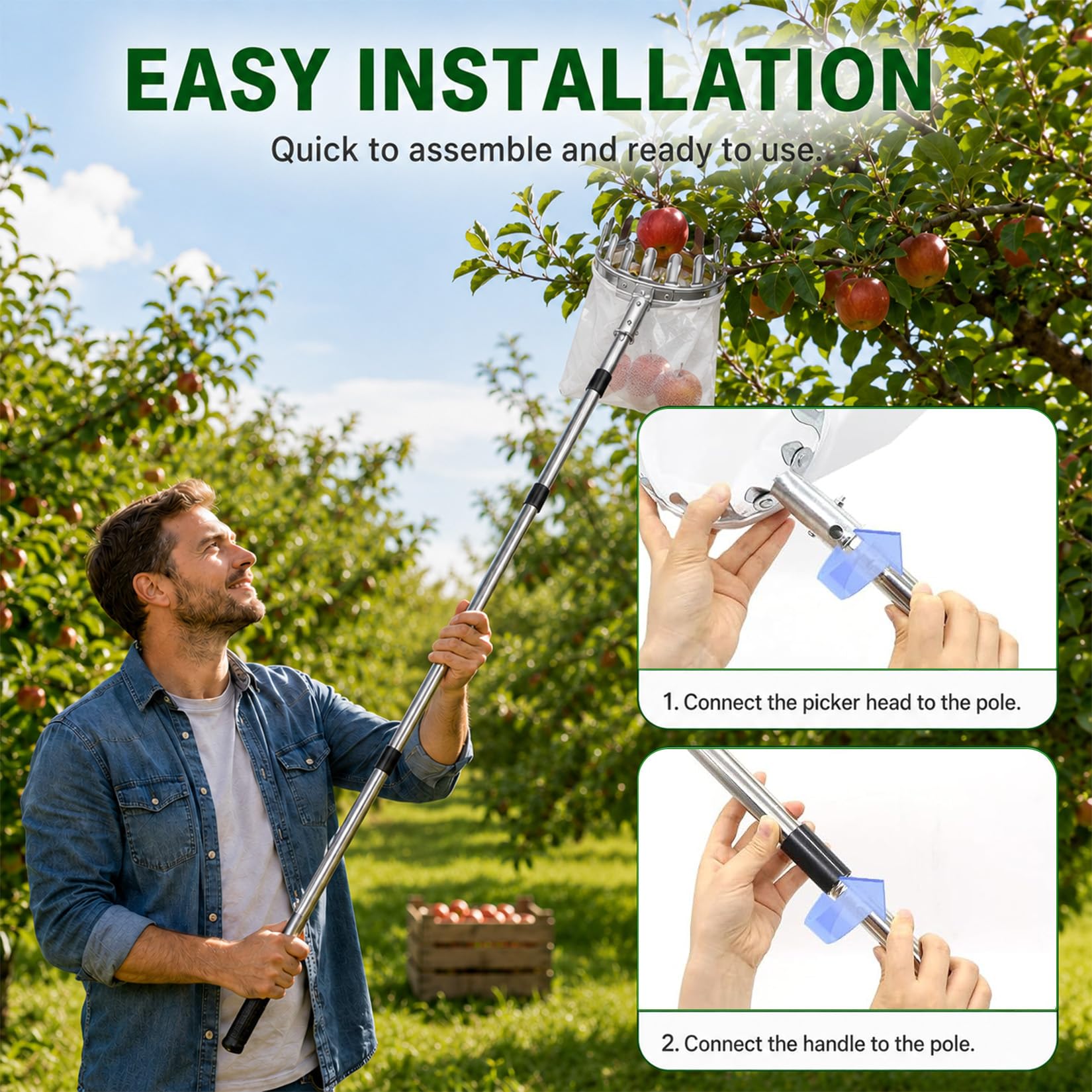 Idota 4,65m Obstpflücker mit Teleskopstiel, Ø 16cm Apfelpflücker mit Teleskopstiel Edelstahl Kirschenpflücker mit Baumwollbeutel Flaumenpflücker mit Sammelbeutel Pflückhilfe für Birnen Citrus Orange