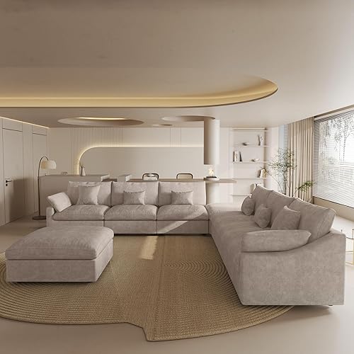 Miniatura 90 de WJShome - Sofá seccional modular en forma de nube para sala de estar, sofá de 160" con relleno de plumón en forma de U con otomano, sofás