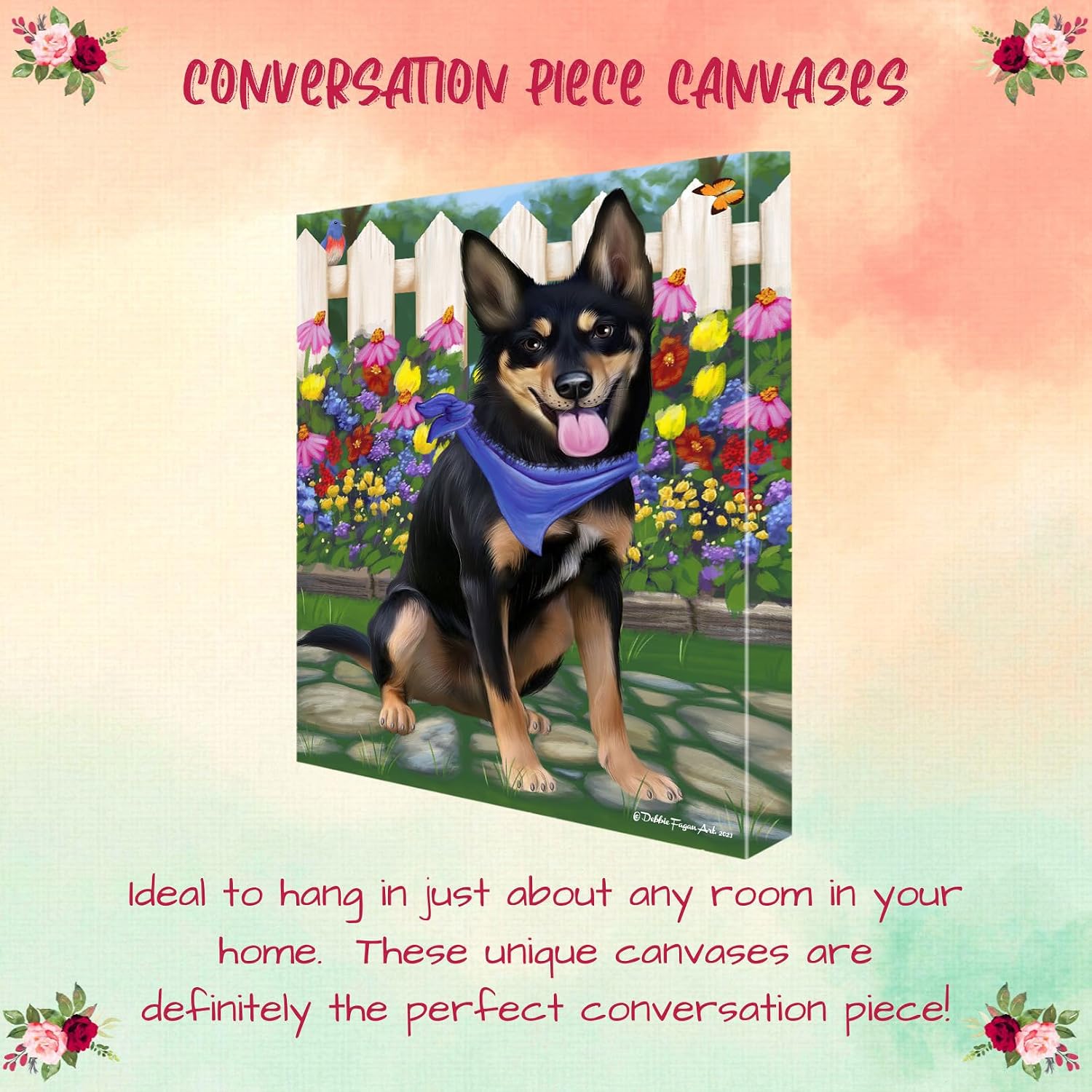 Doggie of the Day Spring Floral with Australian Kelpie Dogs Canvas Wall Art - Premium Quality Ready to Hang Room Decor - Flat Rolled 11" x 14"