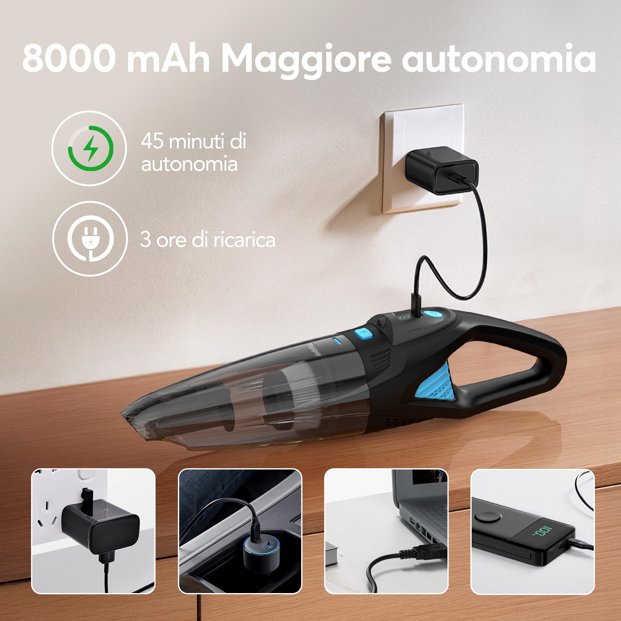 Topipop Aspirapolvere a batteria, 25000 Pa, senza fili
