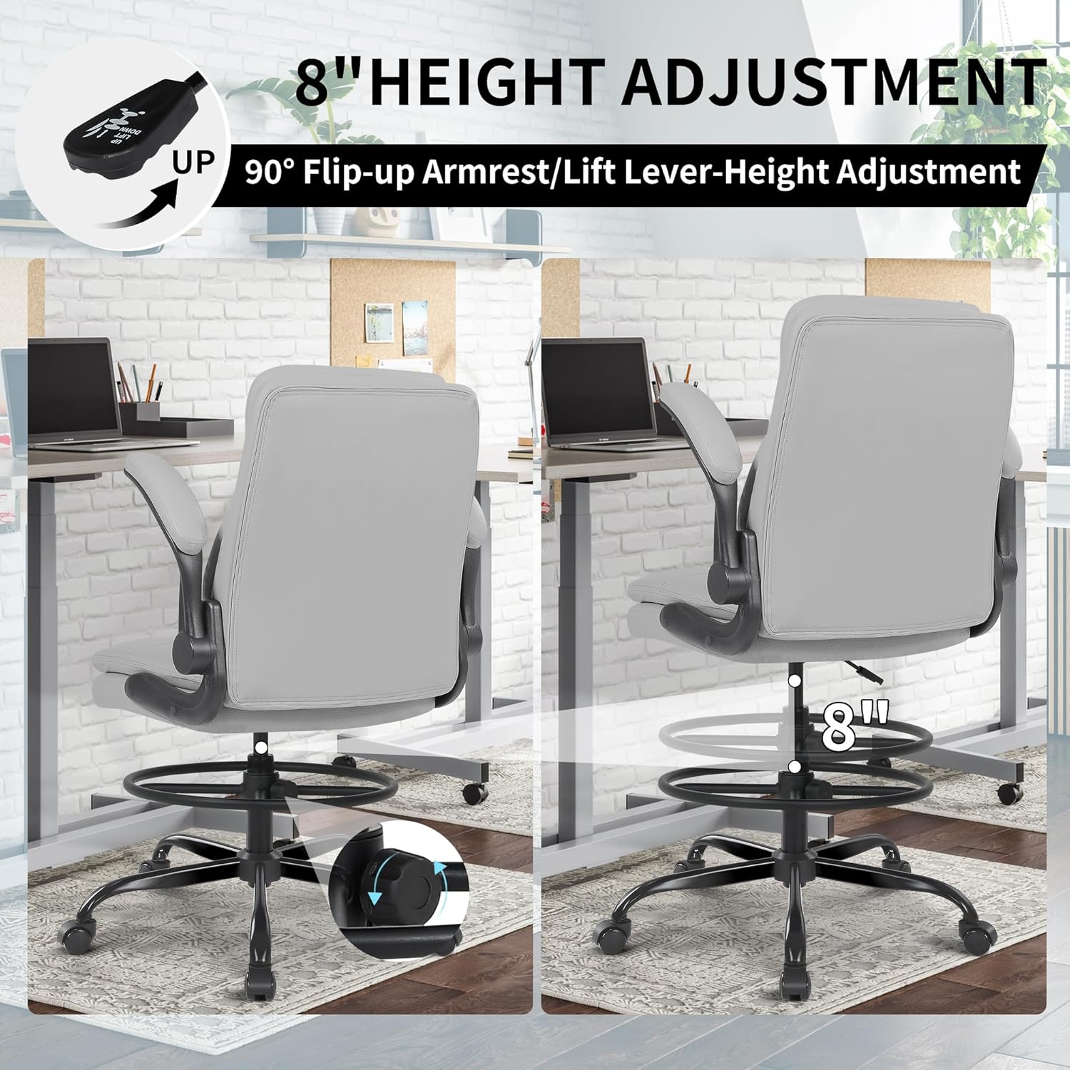 Misolant Leather Drafting Chair, Tall Office Chair for Standing Desk, High Executive Office Chair with Adjustable Height and Flip-up Armrest for Counter Height Desk