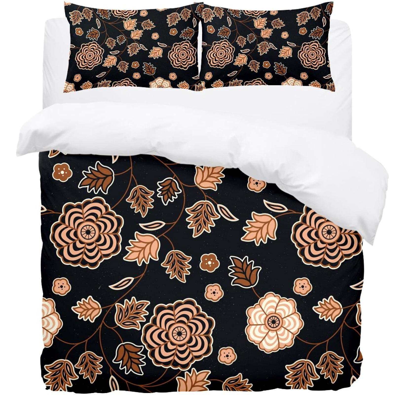 Housse de couette motif floral vintage noir parure de lit simple 3 pièces avec taies