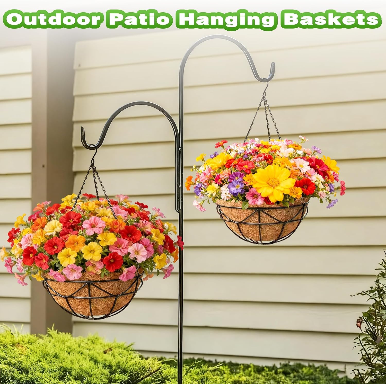 4 Pack 12 Inch Metal Outdoor Hanging Baskets Black Heavy Duty Hanging Planters with Coco Liners for Indoor Outdoor Plants Gardens Patios Terraces（Geometric）