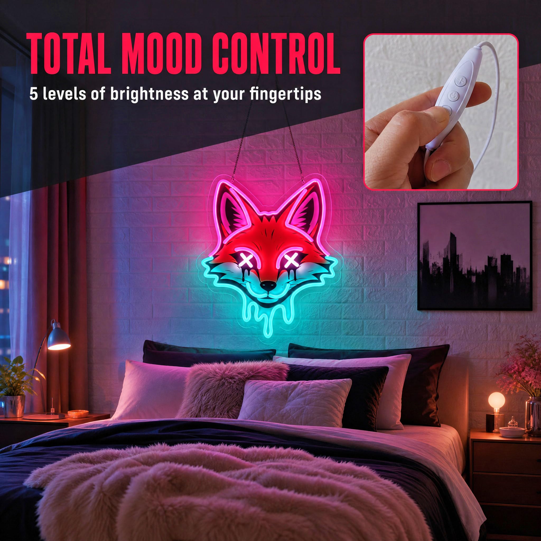 Cyberpunk - Letrero de neón LED rosa y azul hielo para decoración de pared, 14.5 x 12.6 pulgadas, letrero de neón de animales estéticos oscuros con cable USB de 6.5 pies, luces de neón de zorro