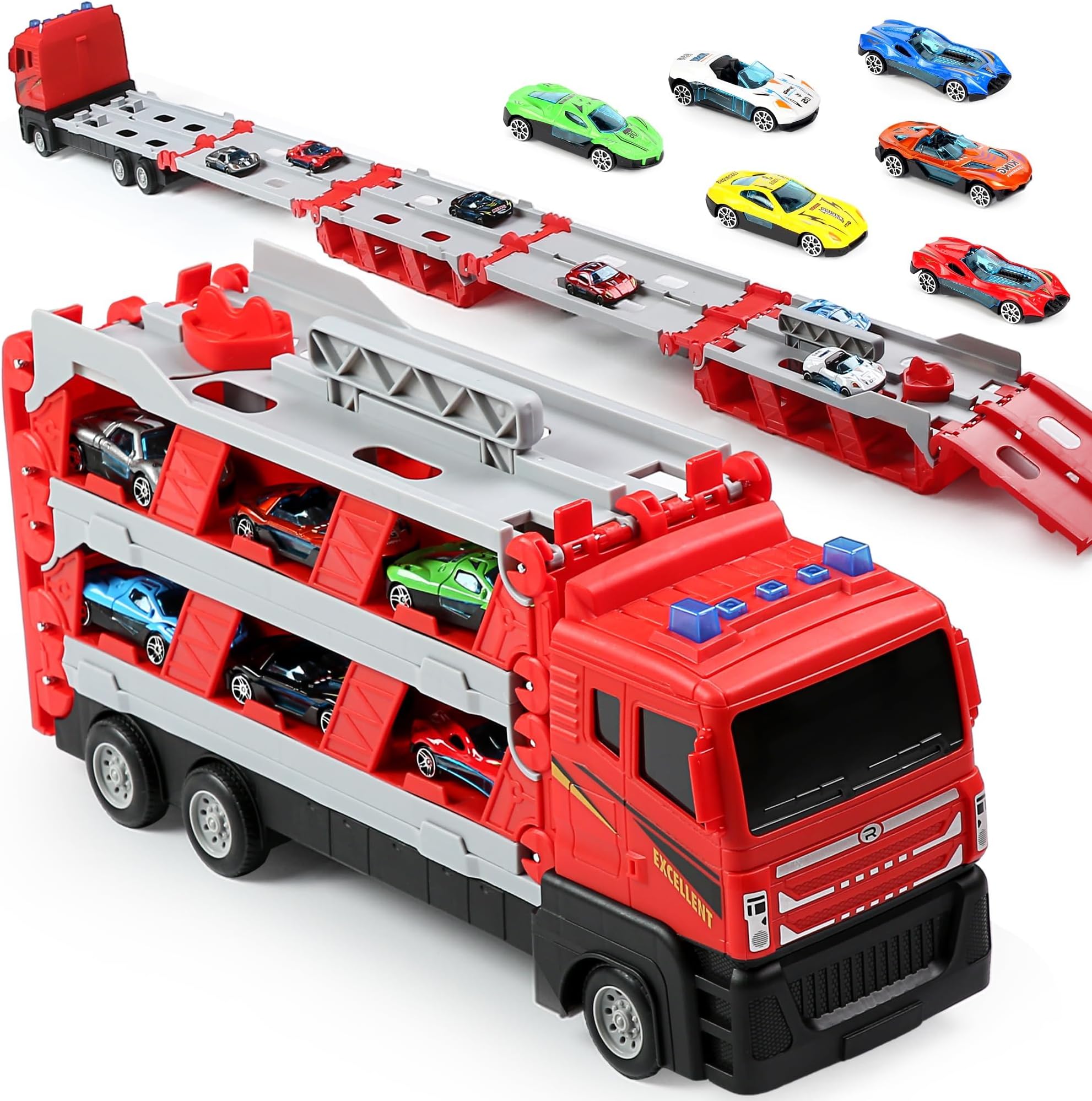 – 64-Inch Toy Race Track with Catapult Launch, Includes 6 Die-Cast Cars, Foldable Truck Toy Set with Storage & Transport, Ideal for Kids Aged 4-9, for Boys & Girls