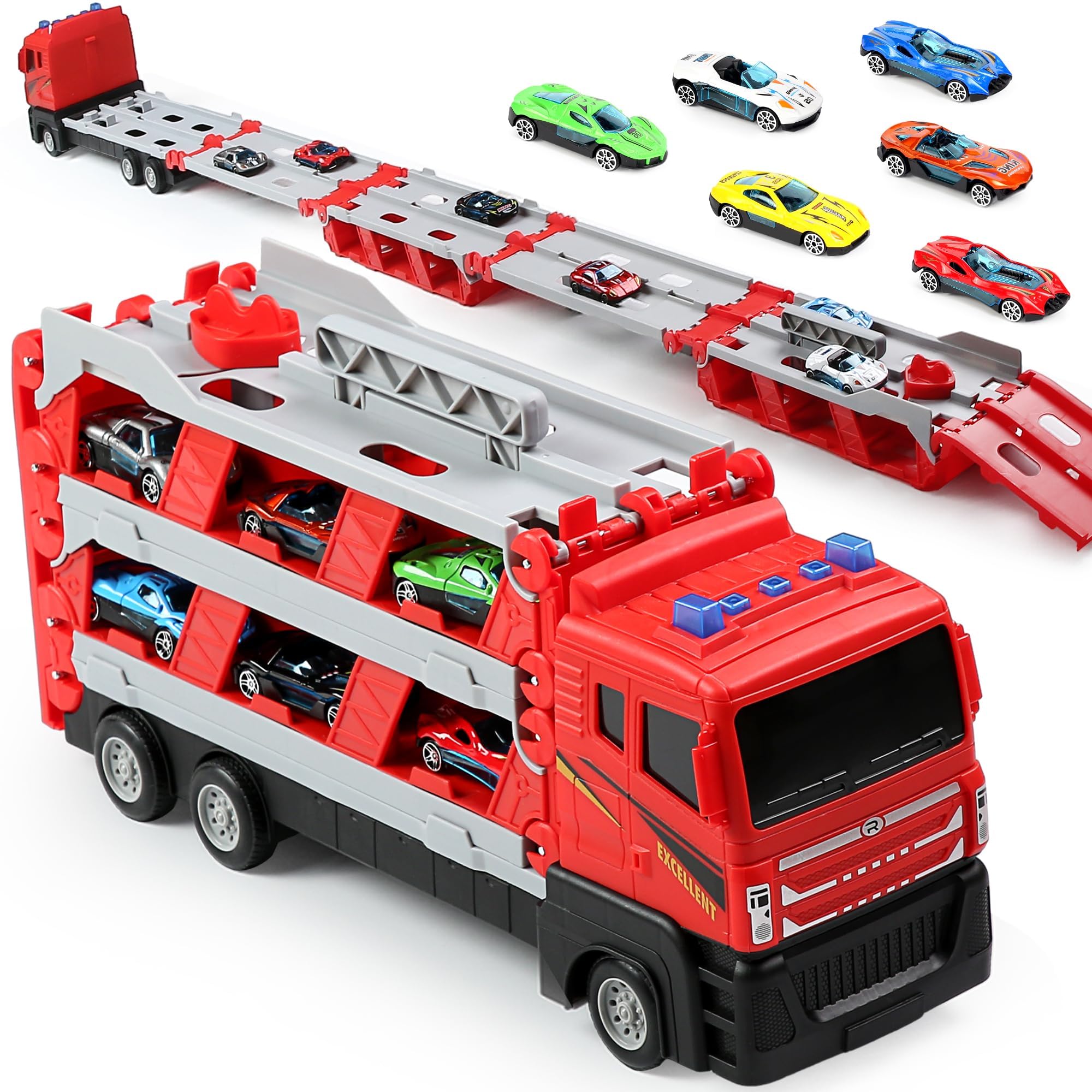 64-Inch Toy Race Track with Catapult Launch, Includes 6 Die-Cast Cars, Foldable Truck Toy Set with Storage & Transport, Ideal for Kids Aged 4-9, for Boys & Girls