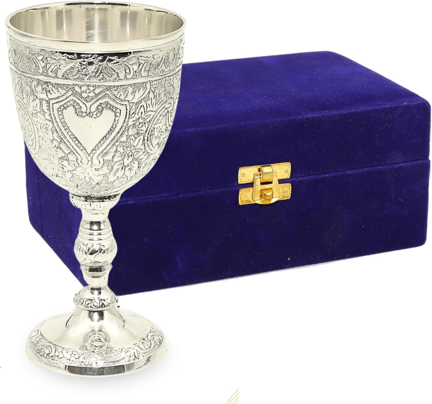 Premium Brass Wine Goblets Set with Velvet Gift Box - Engraved Medieval Chalice Cups Silver Plated - Vintage Royal Style Decorative Drinkware for Wedding Anniversary Toasting - Elegant Couple Gift