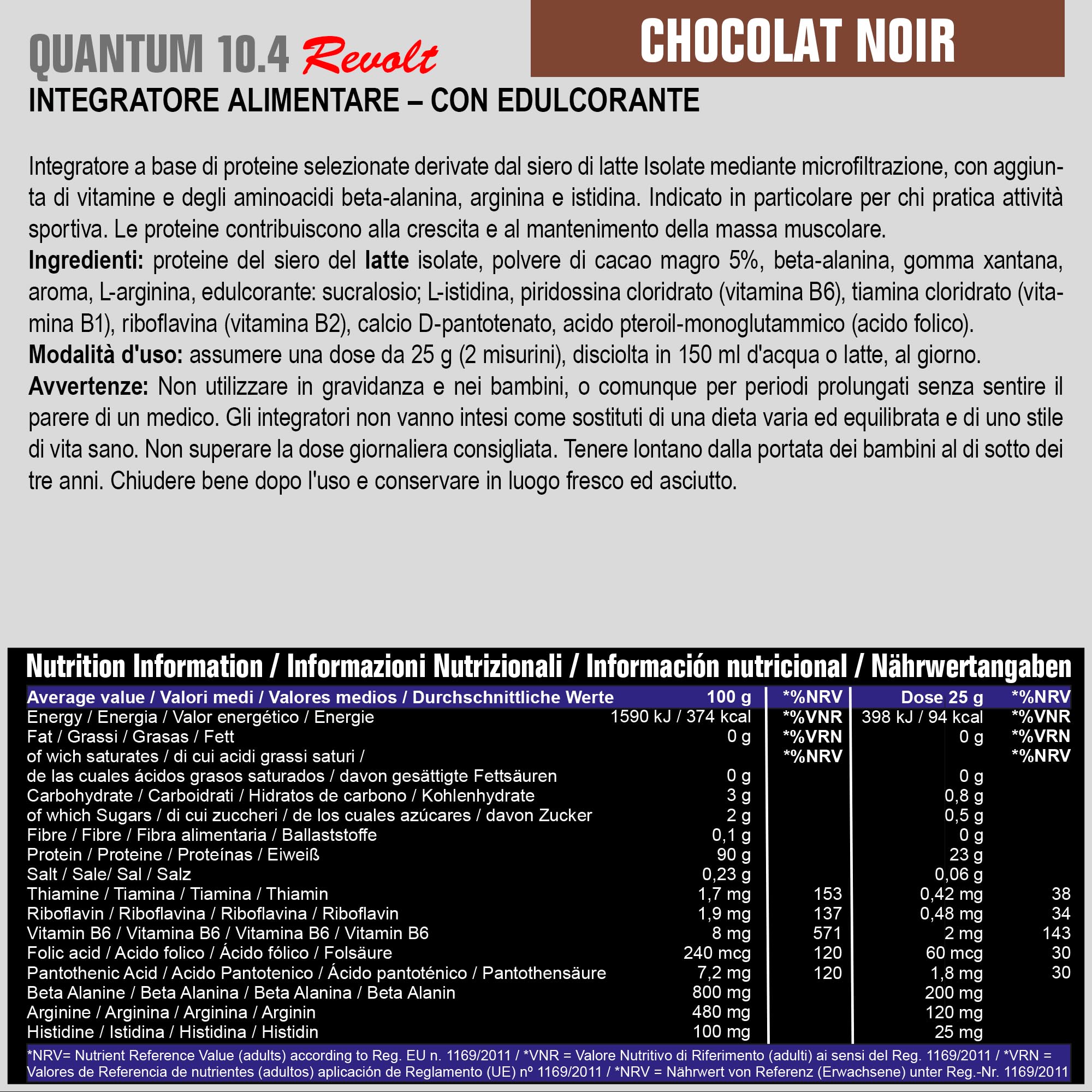 Anderson Proteine in polvere - Chocolat Noir, 92% proteine, 22.9% BCAA, Volactive, microfiltrate, 0.5% lattosio, zero grassi, zero zuccheri, zero aspartame, doping free- QUANTUM 10.4 REVOLT