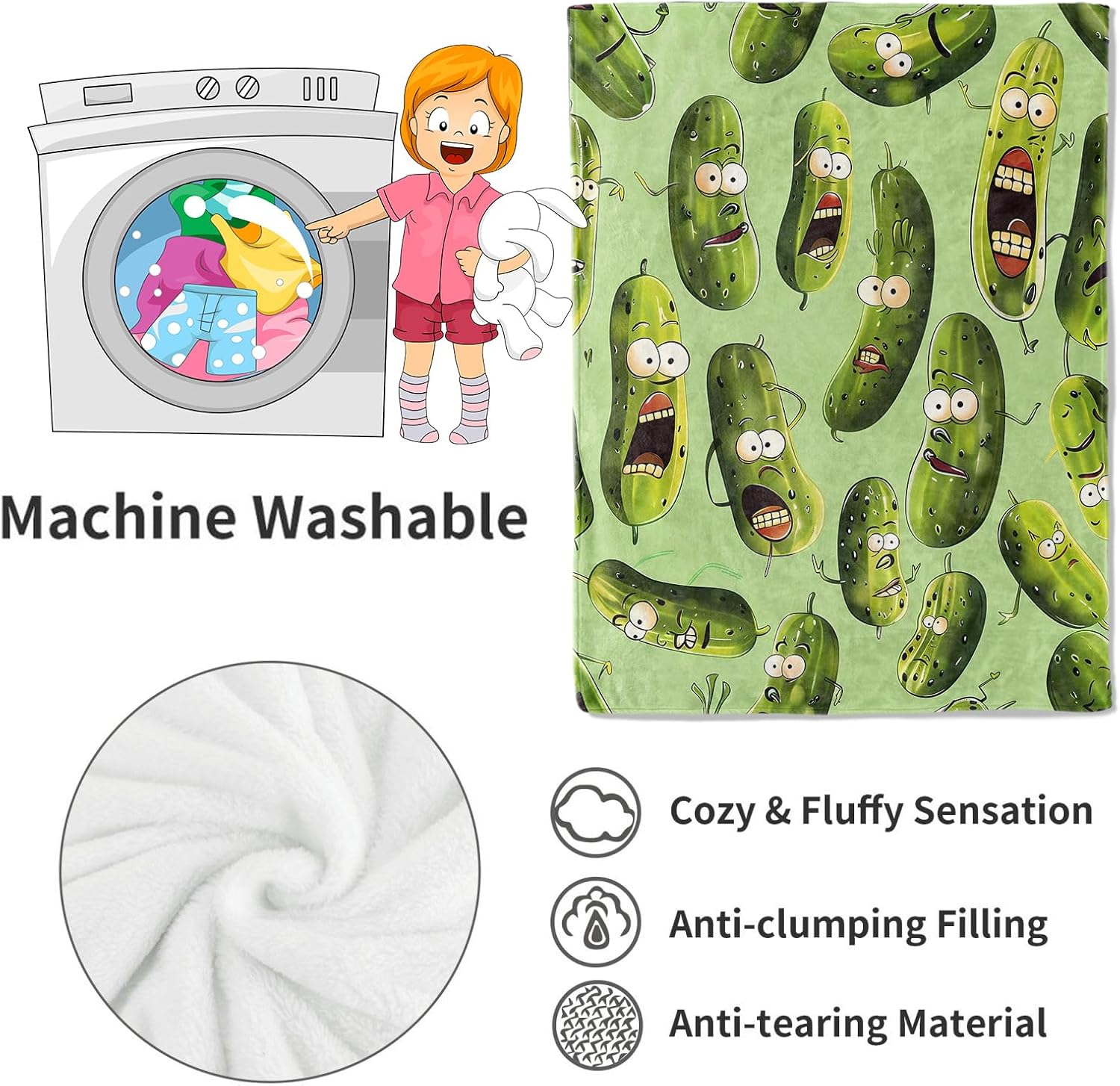 Cute Pickle Blanket Funny Animated Cucumber Characters Throw Blankets,Birthday Gifts for Kids Adult & Humor Lovers,Lightweight Soft Fleece Cozy for Sofa Couch Bed Room Travel Decor 50x60in