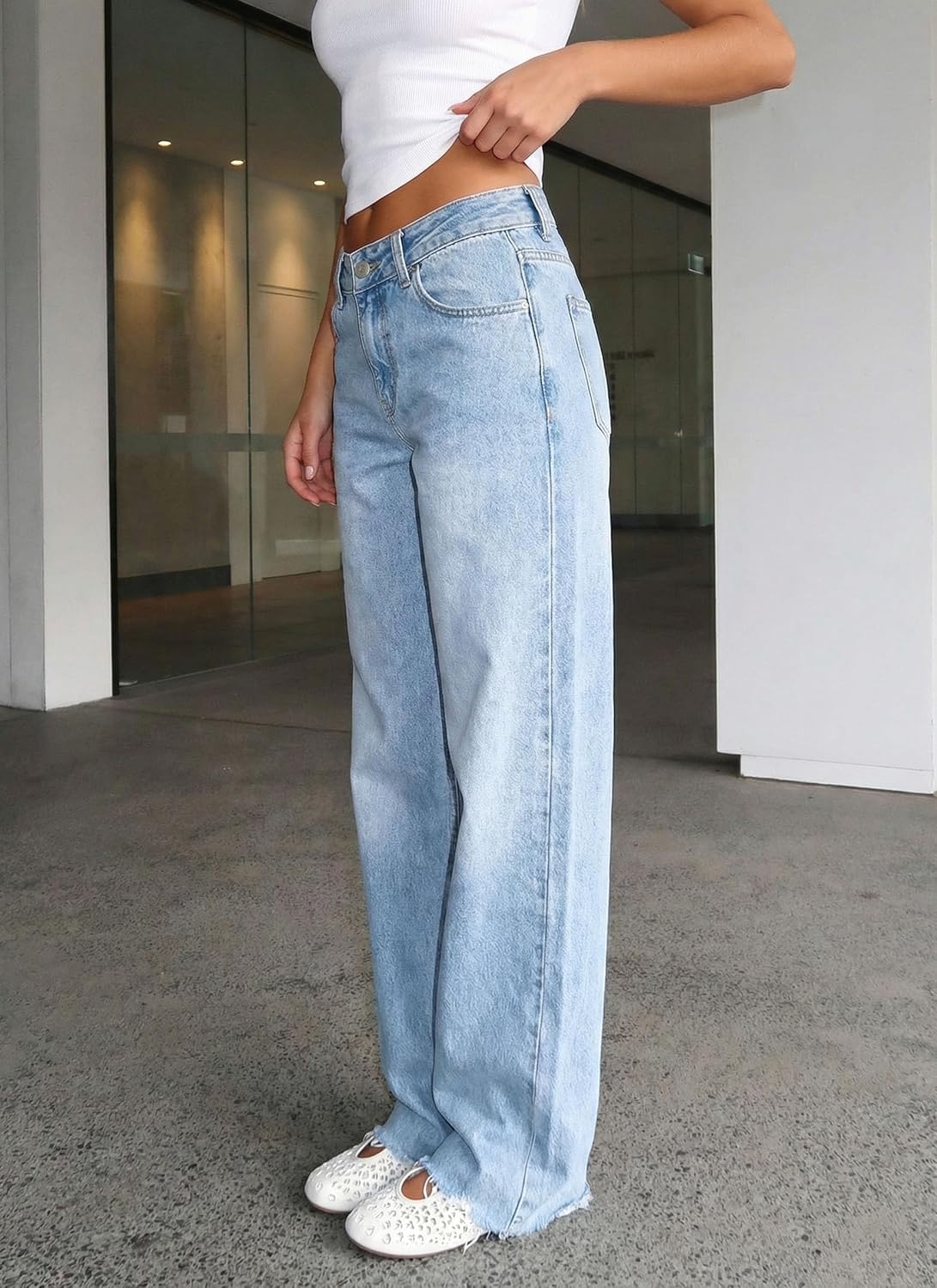 Women's Baggy Mid Low Waist Jeans Wide Straight Leg Loose Boyfriends Denim Jeans - Image 5