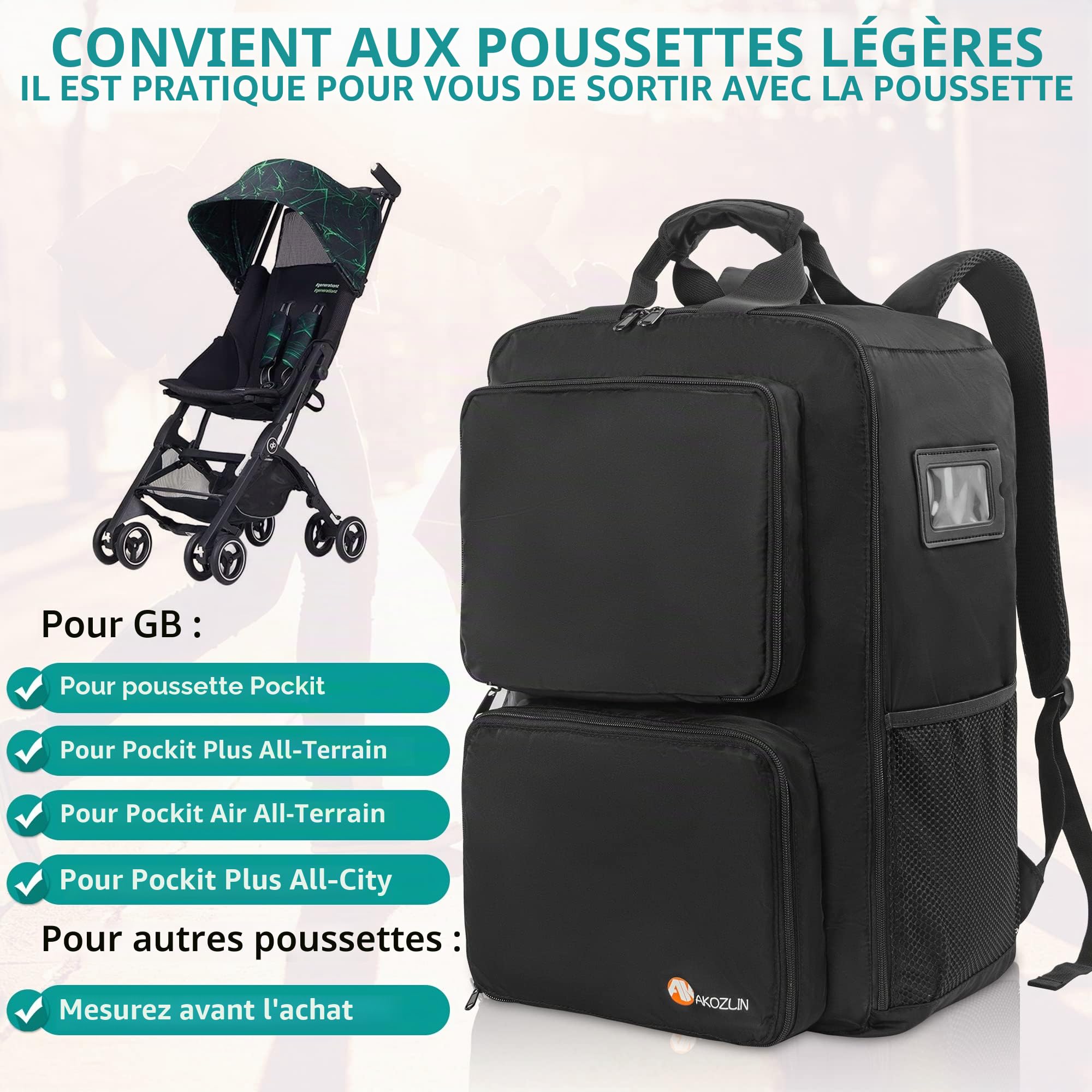 AKOZLIN Sac à Dos de Voyage Pliable pour Poussette, Noir, L(for All GB Pockit Strollers), Sac à Dos