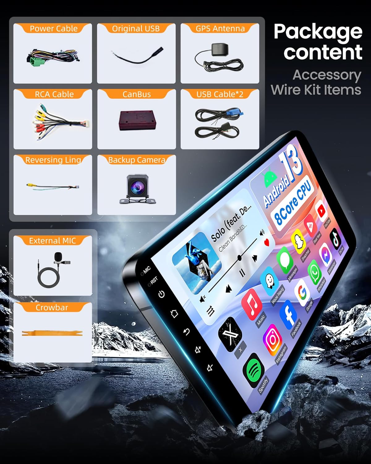 Diagram showing all components included in the Fortdows car radio package: Power Cable, Original USB, GPS Antenna, RCA Cable, CanBus, USB Cable*2, Reversing Line, Backup Camera, External MIC, Crowbar.