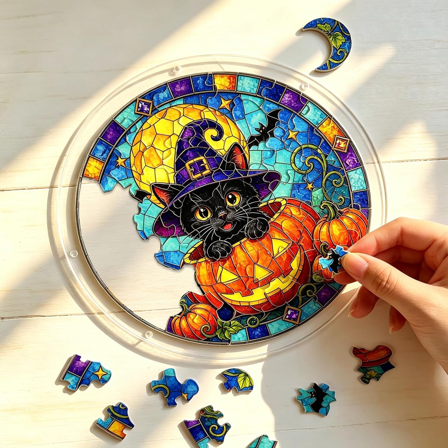 Acrylic Jigsaw Puzzle Suncatcher, DIY Cat Halloween Window Decor, 7.4inch