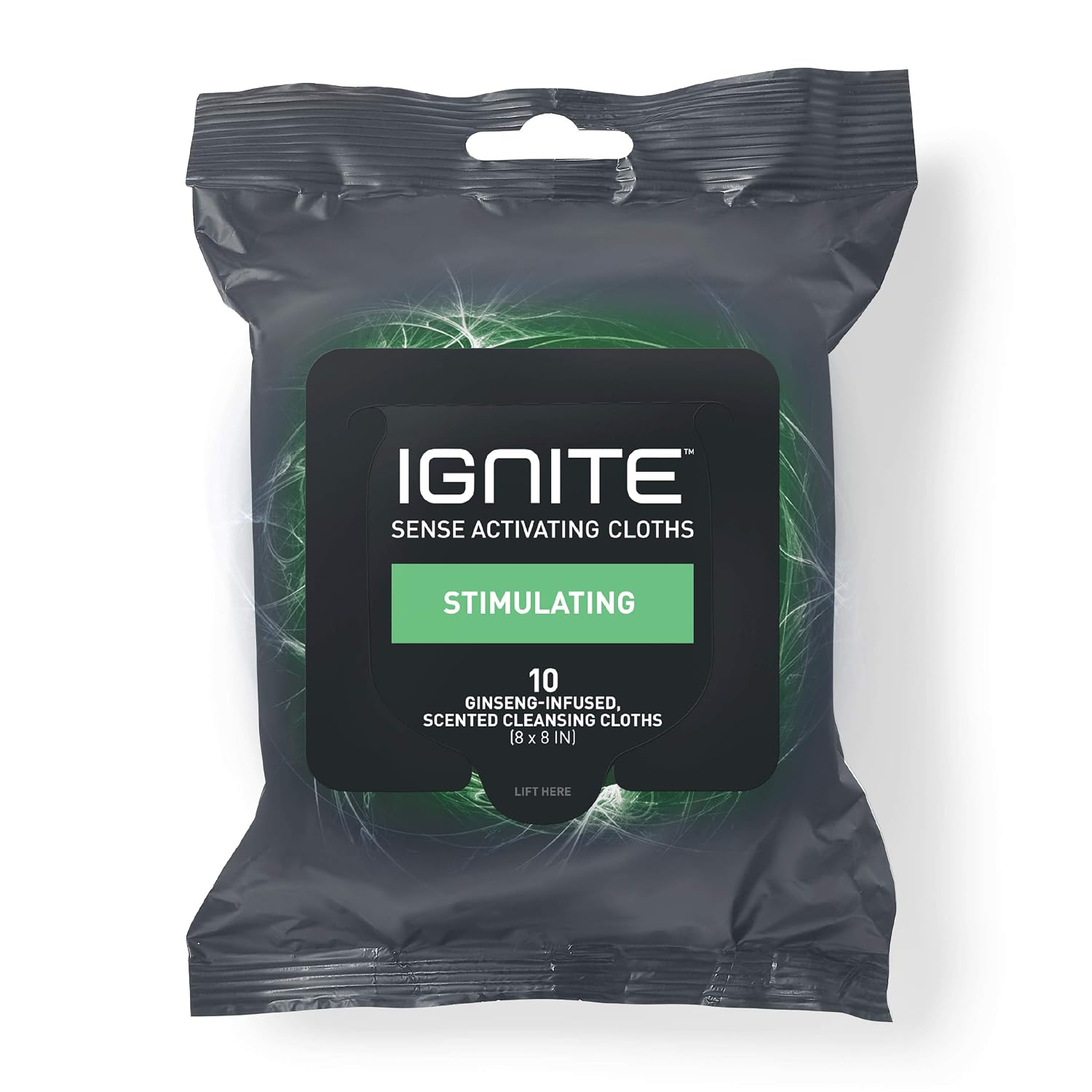Ignite Mens Body Wet Wipes, Extra Thick 8" x 8" Shower Wipes, Stimulating Scent, 10 Count